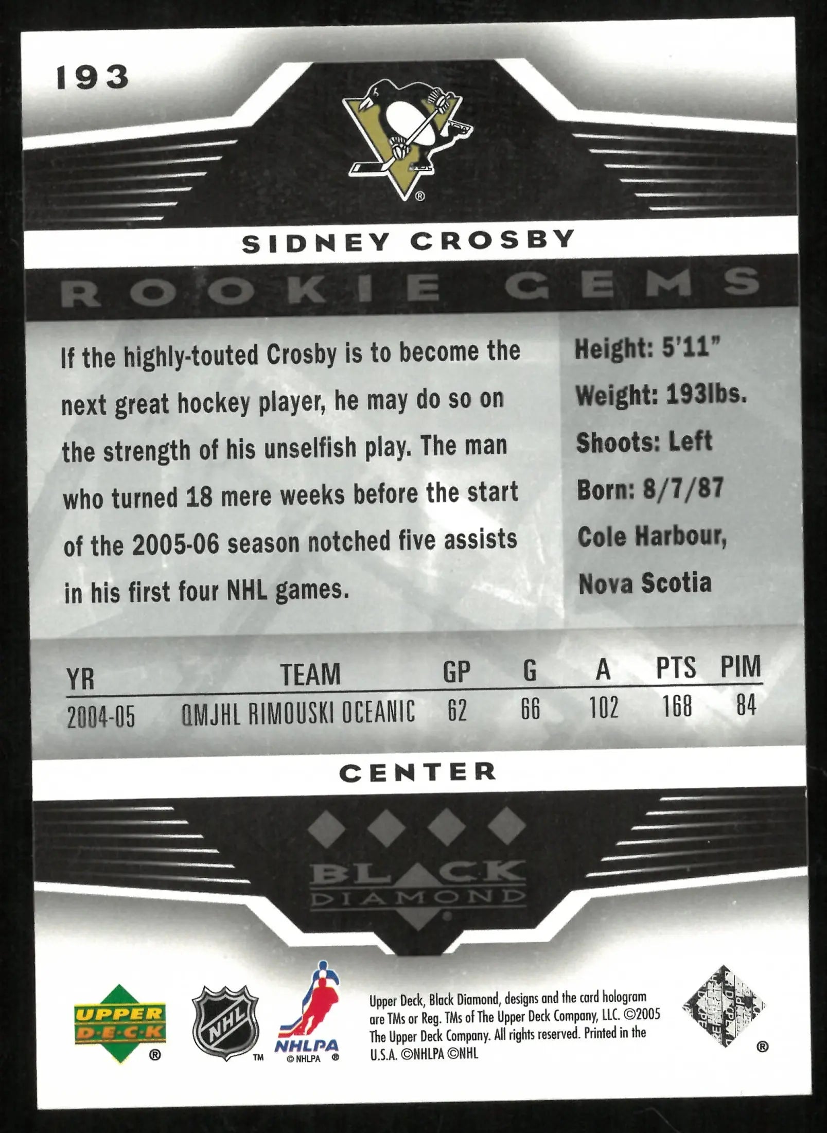 2005 Upper Deck Black Diamond Sidney Crosby Rookie Gems RC 