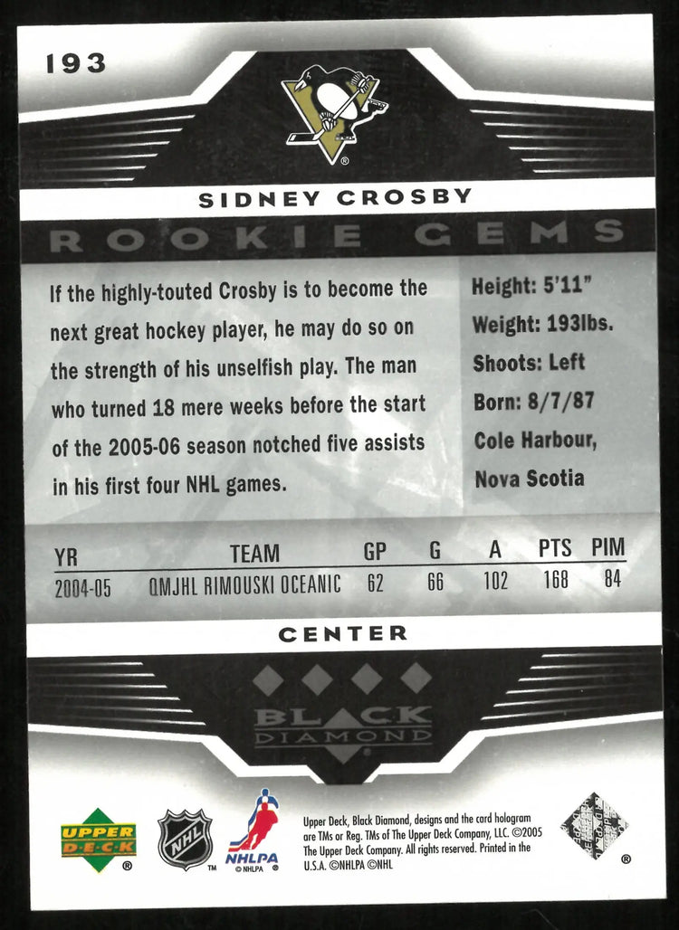 2005 Upper Deck Black Diamond Sidney Crosby Rookie Gems RC 