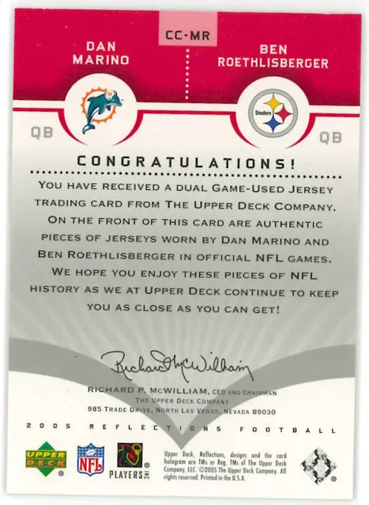 2005 Upper Deck Reflections Patch Dan Marino & Ben Roethlisberger 