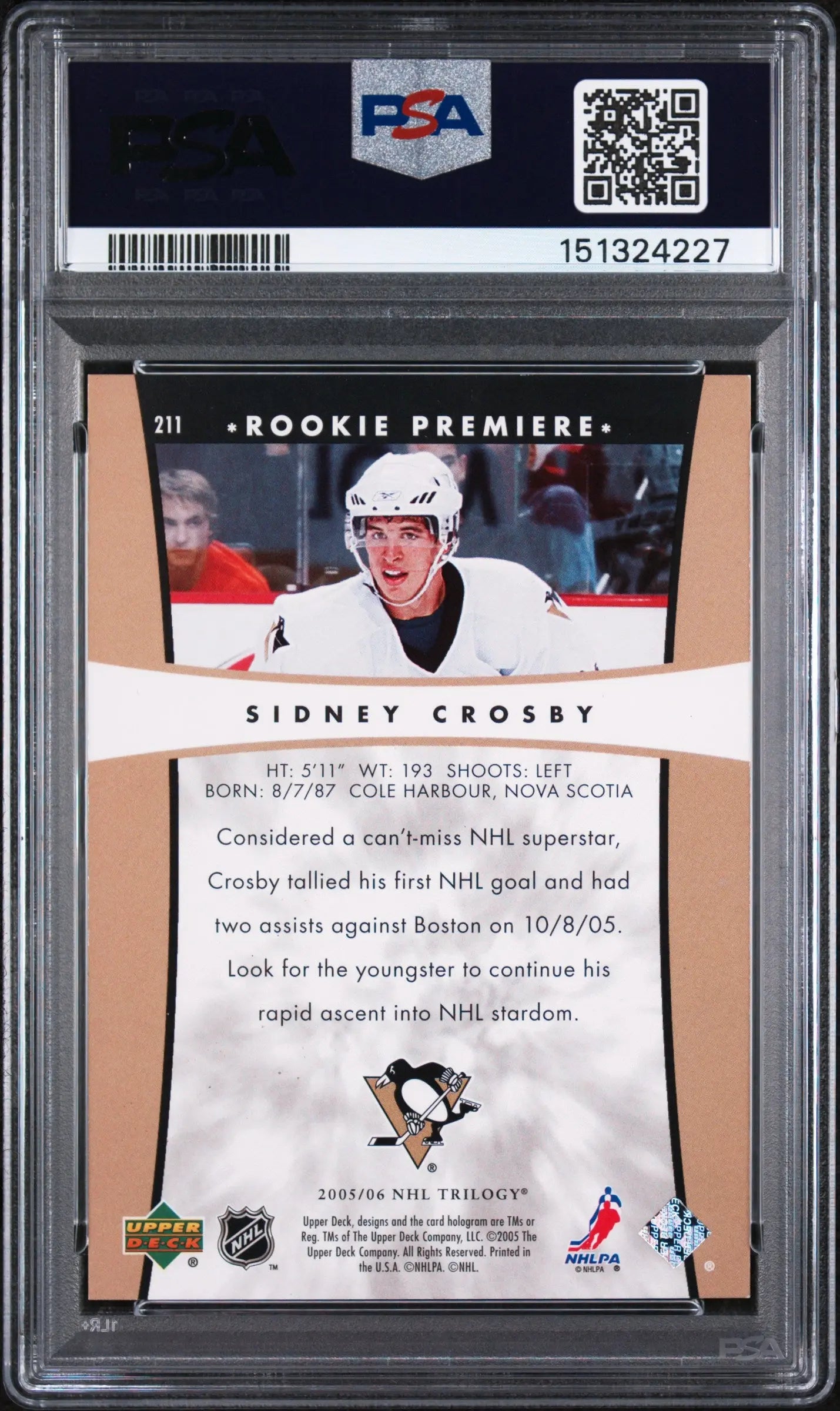 2005 Upper Deck Rookie Premiere Trilogy Sidney Crosby /999 RC PSA 8 