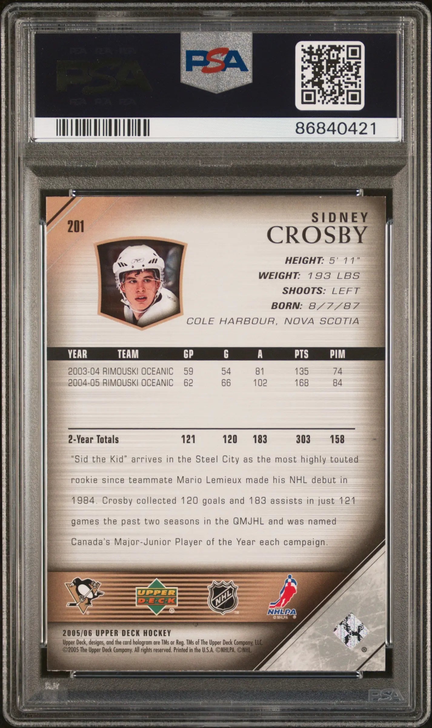 2005 Upper Deck Rookie Sidney Crosby RC PSA 9 