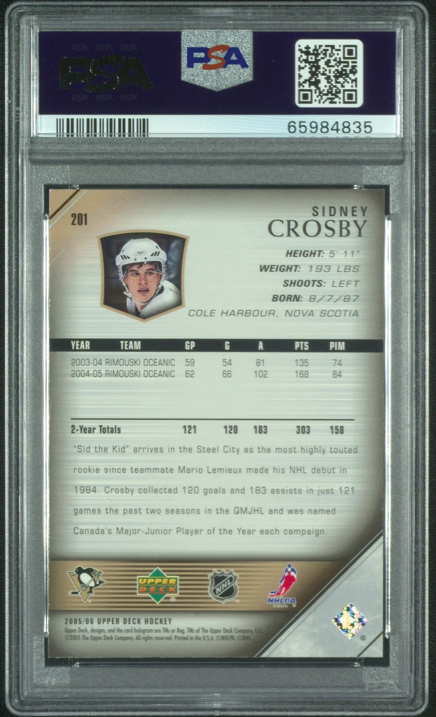 2005 Upper Deck  Rookie Sidney Crosby RC PSA 9 