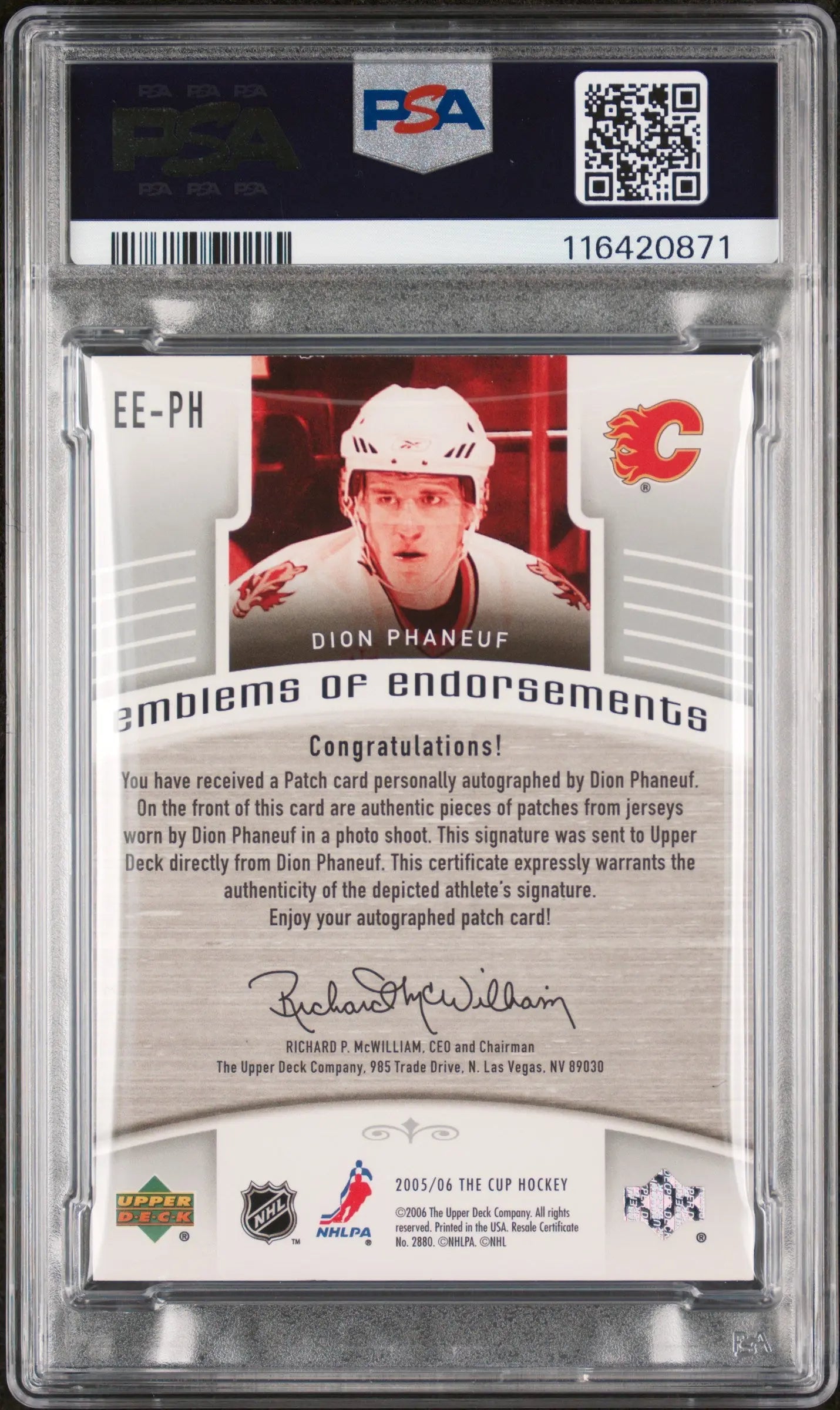 2005 Upper Deck The Cup Emblems Of Endorsements Auto Dion Phaneuf RC PSA 7 /15 