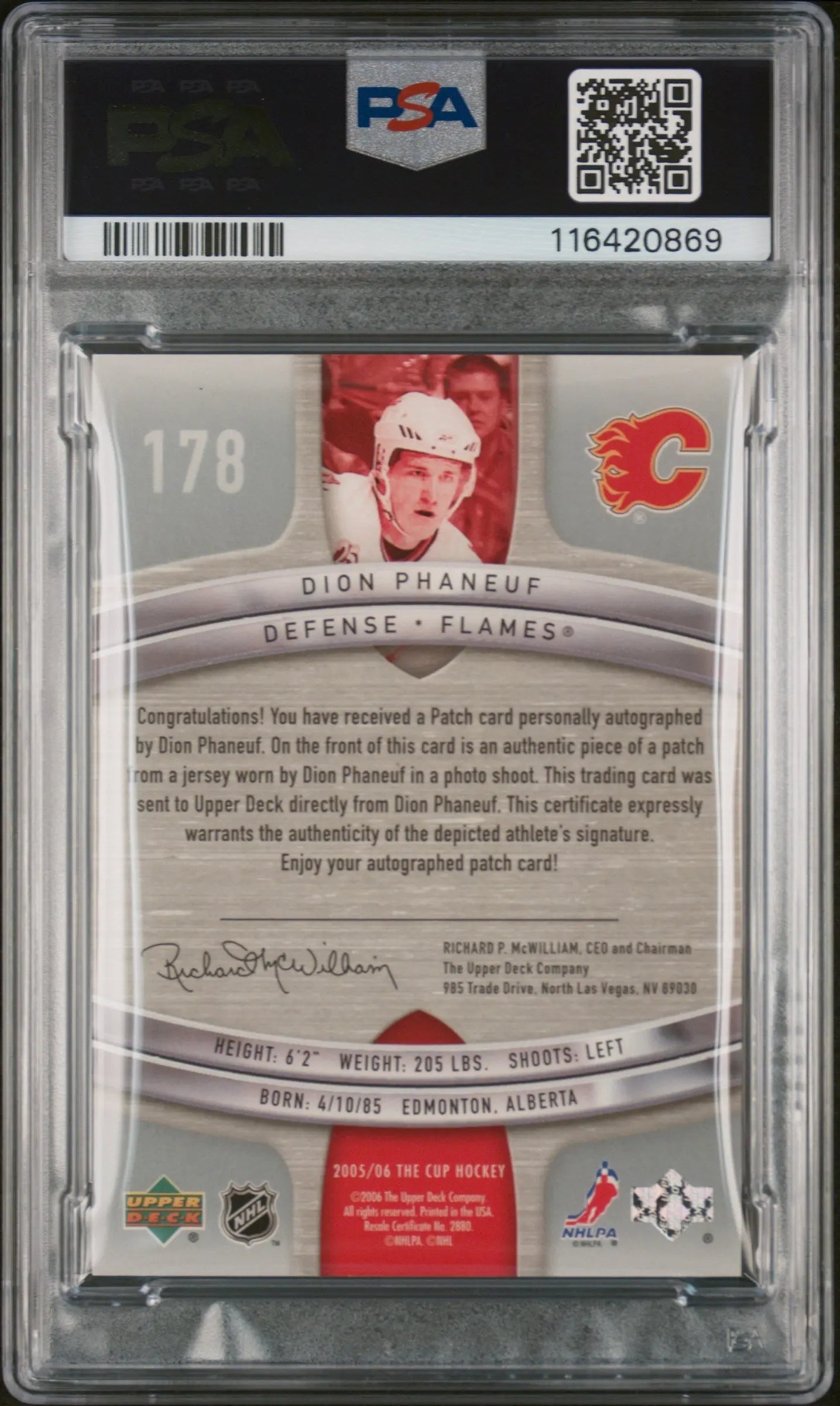 2005 Upper Deck The Cup #178 Dion Phaneuf Rookie Autograph Patch 99 PSA 9 