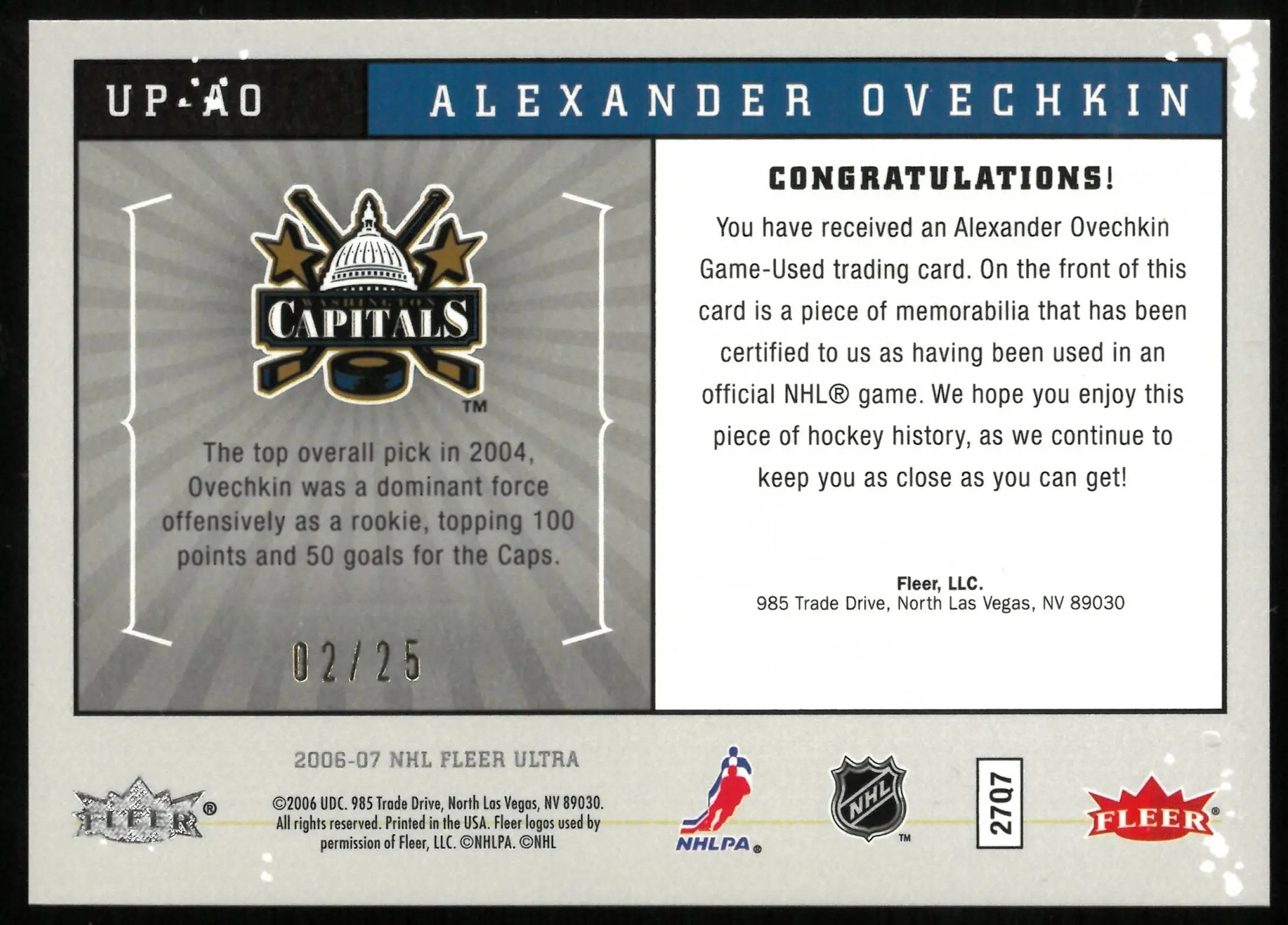 2006-07 NHL Fleer Ultra Alexander Ovechkin Uniformity Ultra Patch /25 DMG 
