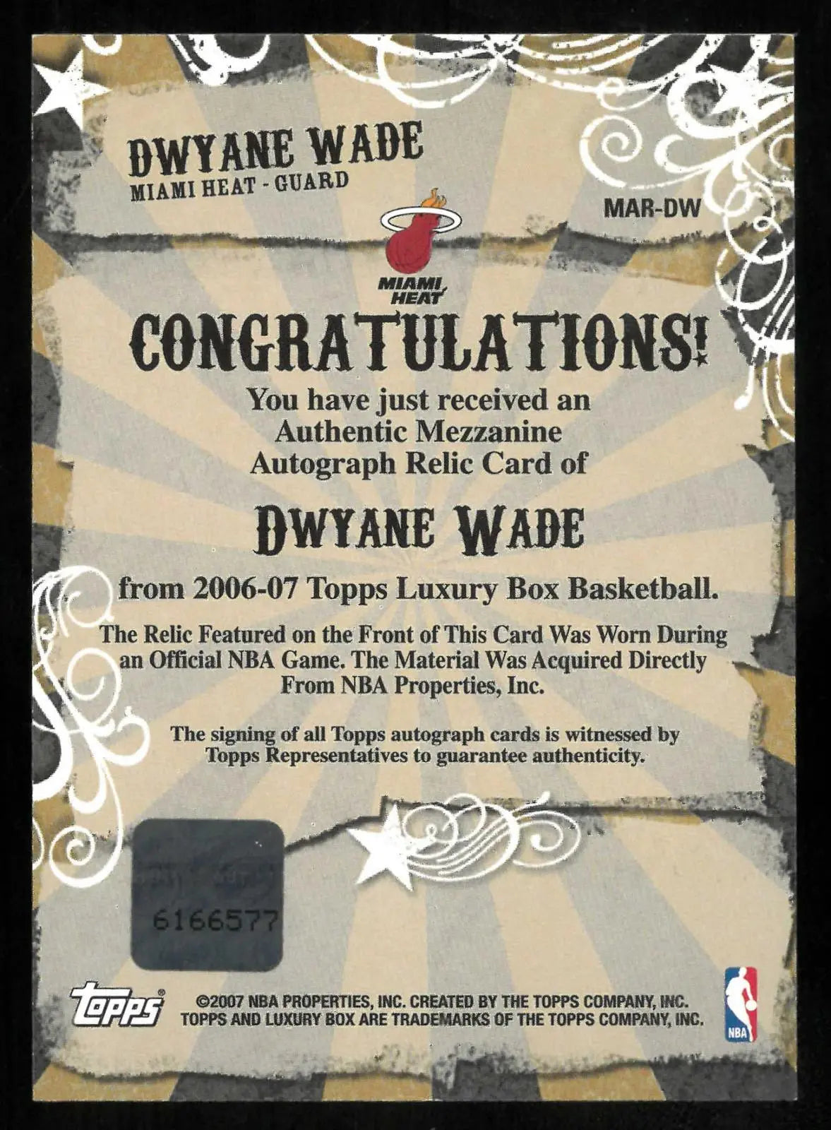 2006-07 Topps Luxury Box Mezzanine Autograph Relic Dwayne Wade Patch Auto /139 