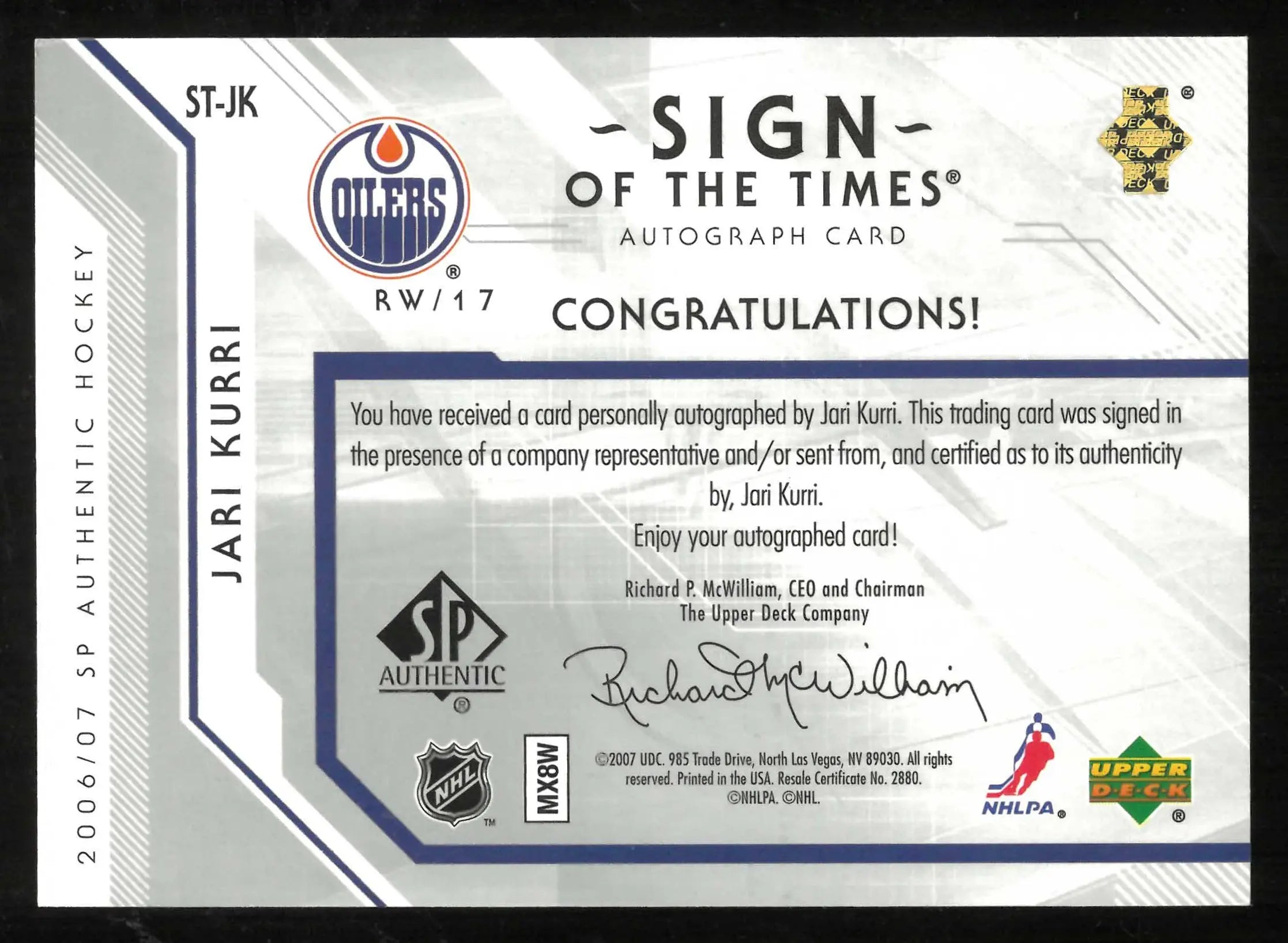 2006-07 UD SP Authentic Sign of the Times Autograph Jari Kurri Auto 