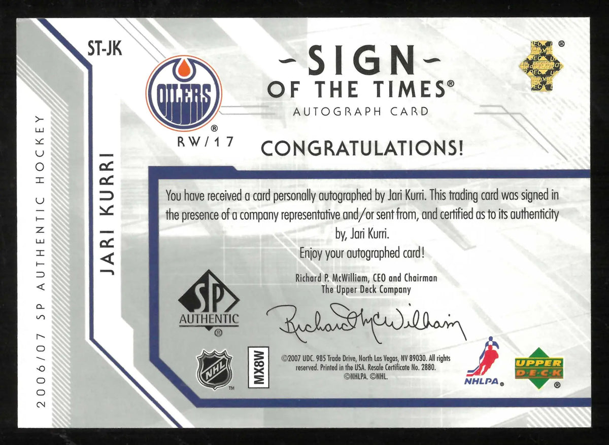 2006-07 UD SP Authentic Sign of the Times Autograph Jari Kurri Auto 