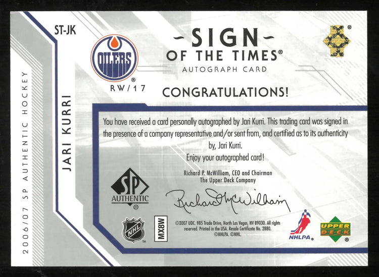 2006-07 UD SP Authentic Sign of the Times Autograph Jari Kurri Auto 