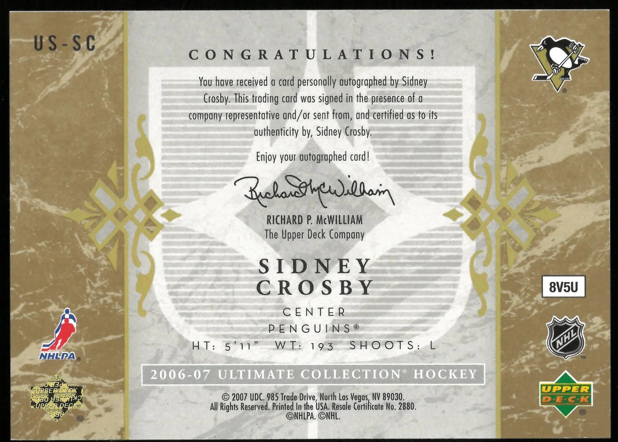 2006-07 UD Ultimate Hockey Sidney Crosby Signatures Auto Penguins 
