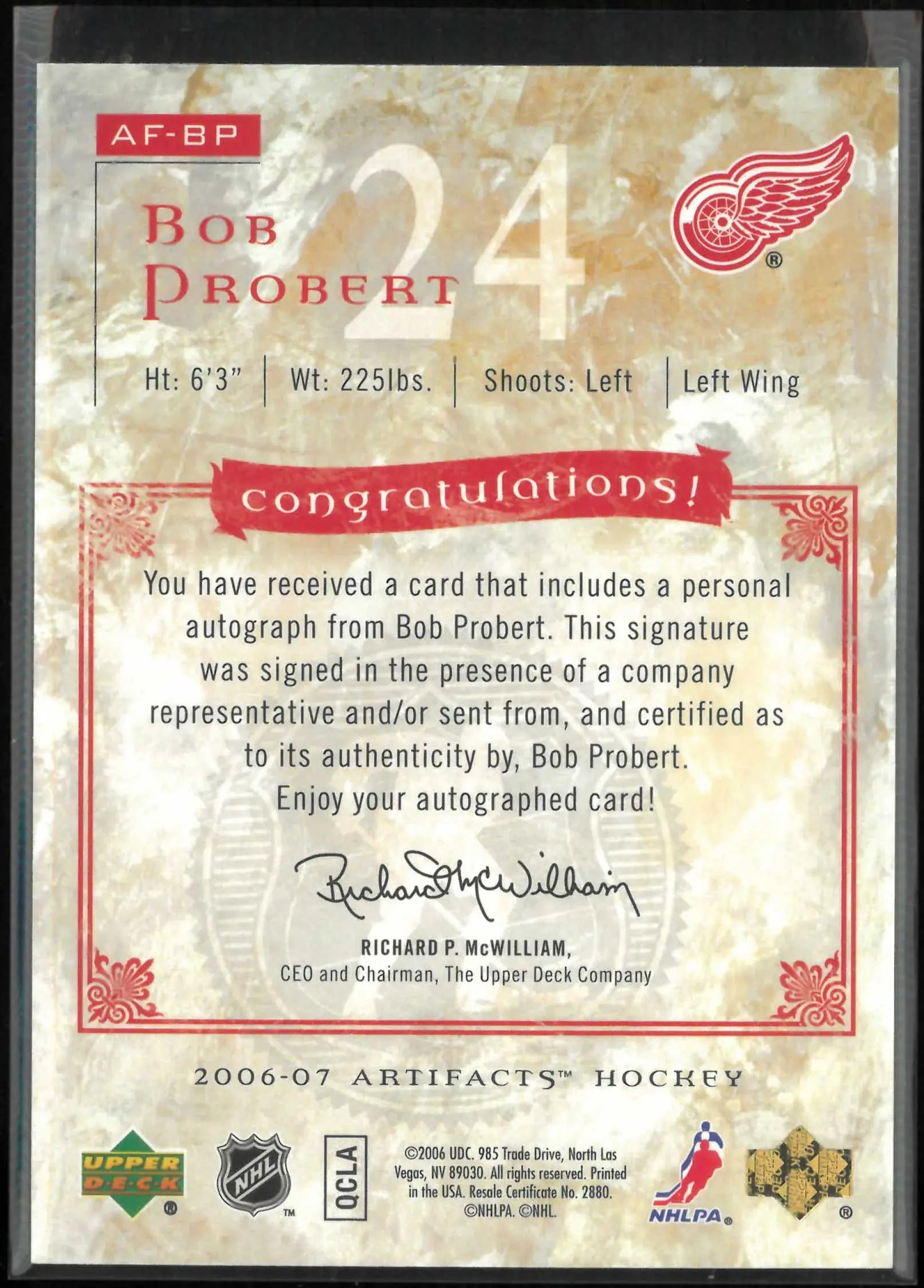 2006-07 Upper Deck Artifacts Auto-Facts Autograph Bob Probert Auto 