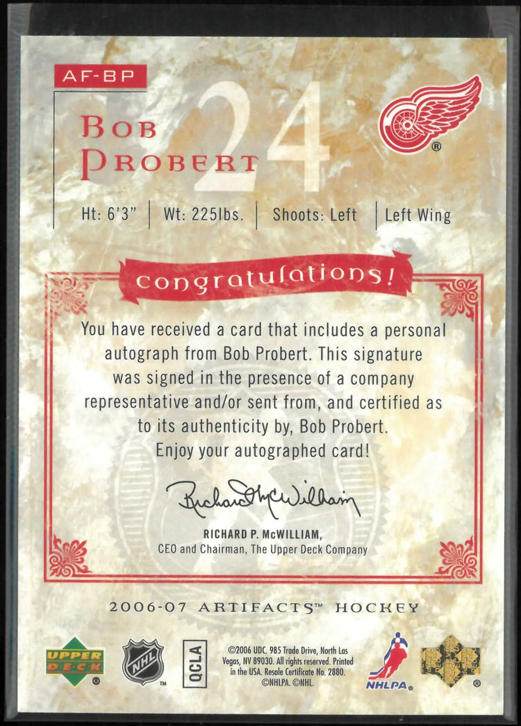 2006-07 Upper Deck Artifacts Auto-Facts Autograph Bob Probert Auto 