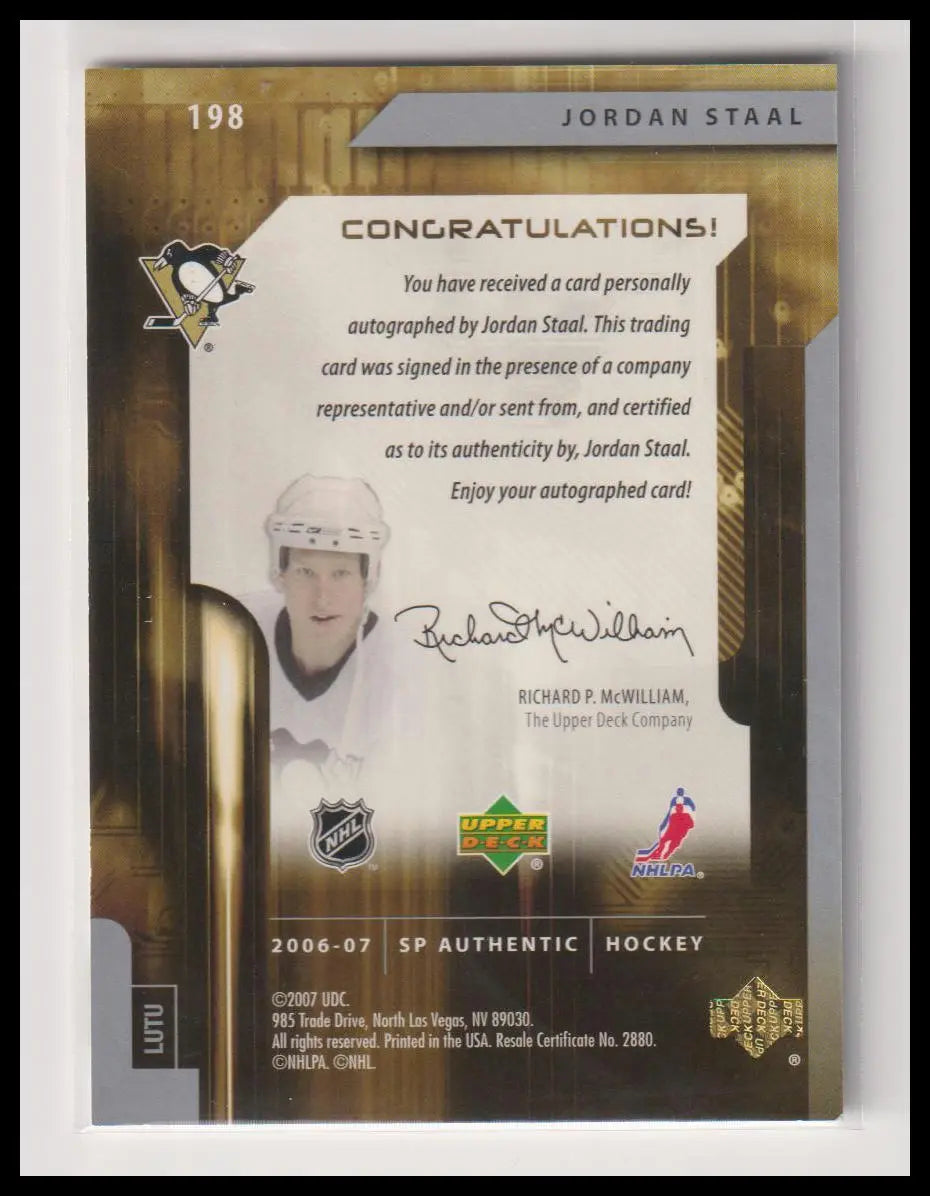 2006-07 Upper Deck SP Authentic Future Watch Rookie Autograph Jordan Staal Auto /999 RC 