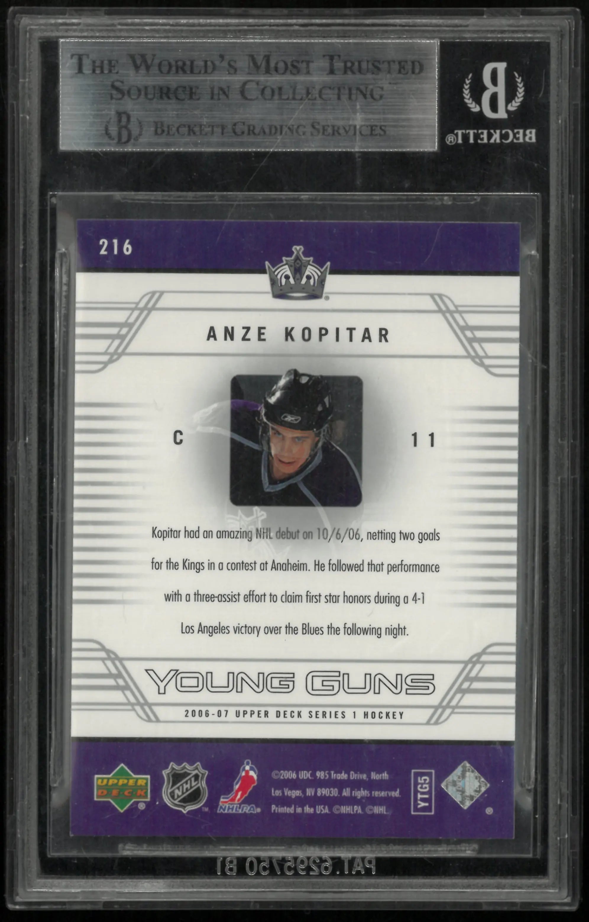 2006-07 Upper Deck Series 1 Anze Kopitar Young Guns RC BGS 8.5 