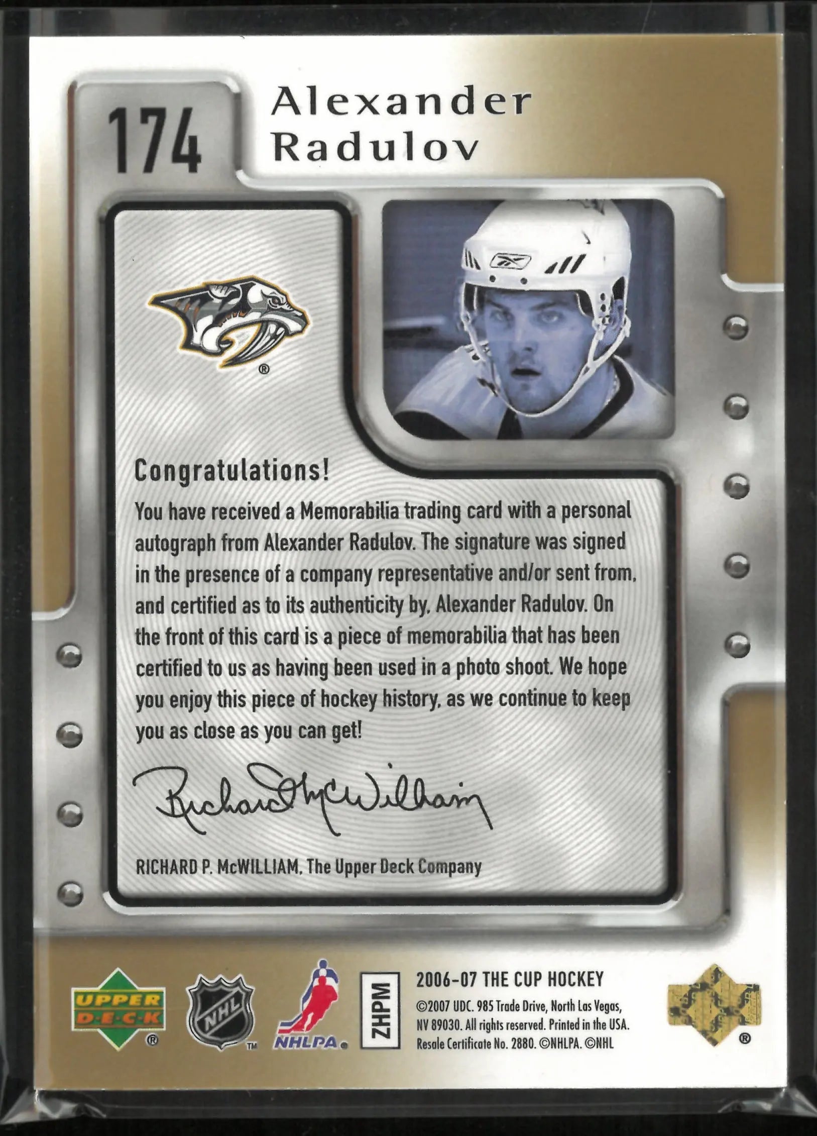 2006-07 Upper Deck The Cup Alexander Radulov Rookie Patch Auto RC /47 