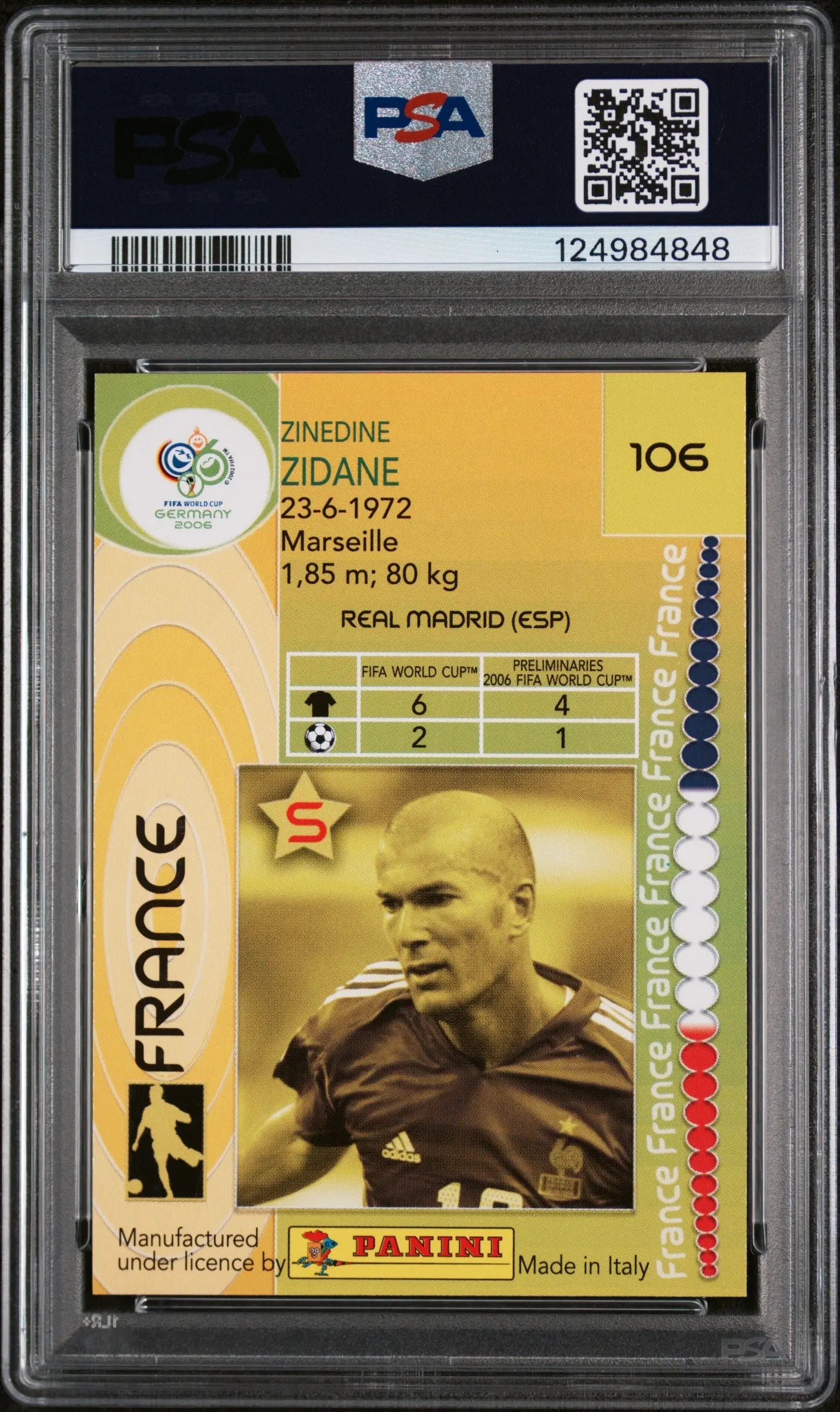 2006 Panini World Cup Germany Zinedine Zidane #106 PSA 8 FOIL 