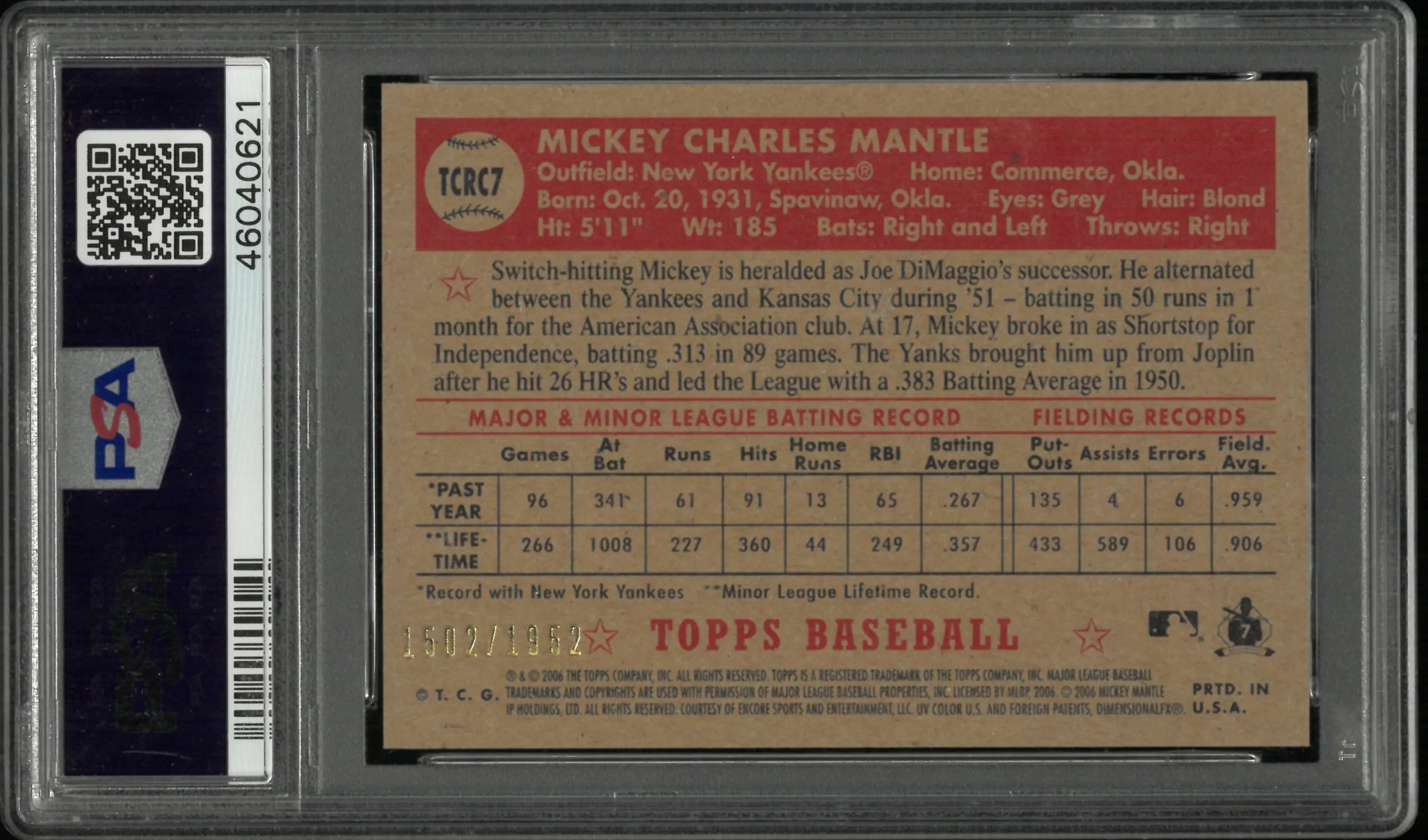 2006 Topps Baseball '52 Chrome Mickey Mantle #7 PSA 9 /1952 Yankees
