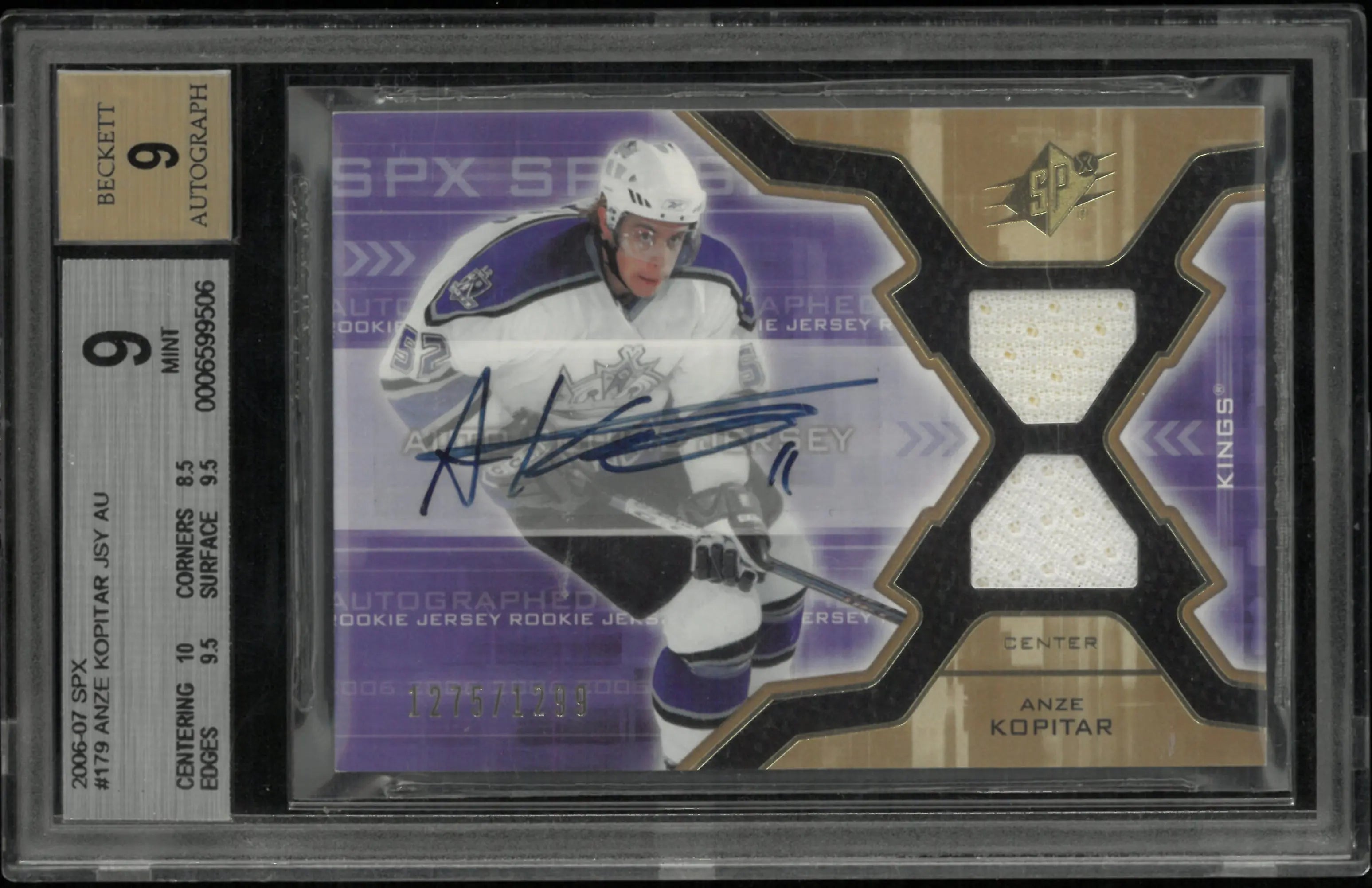 2006 UD SPx Anze Kopitar RC Rookie Dual Jersey Patch Auto BGS 9 Auto 9 /1299 