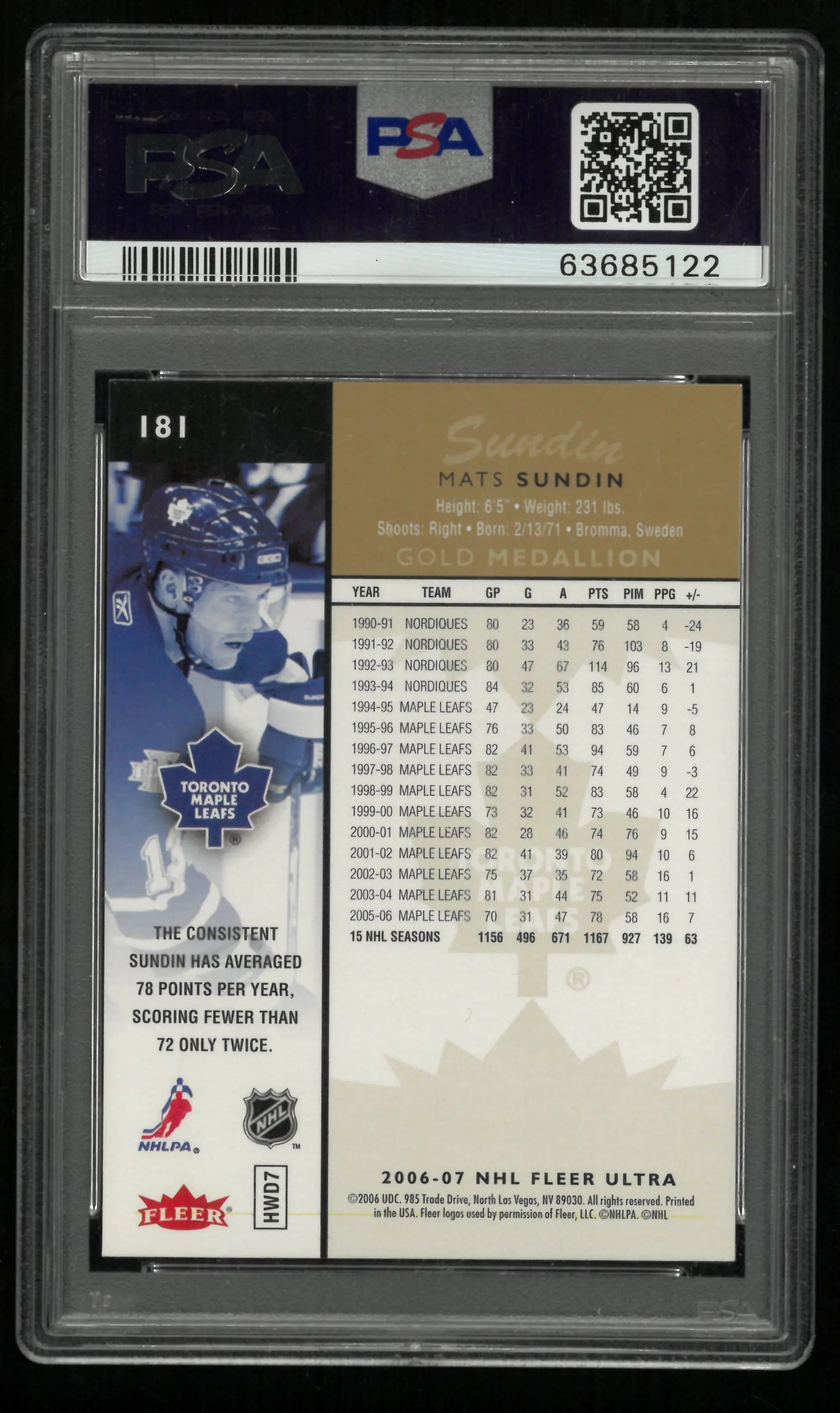 2006 Ultra Mats Sundin #181 Gold Medallion PSA 10 