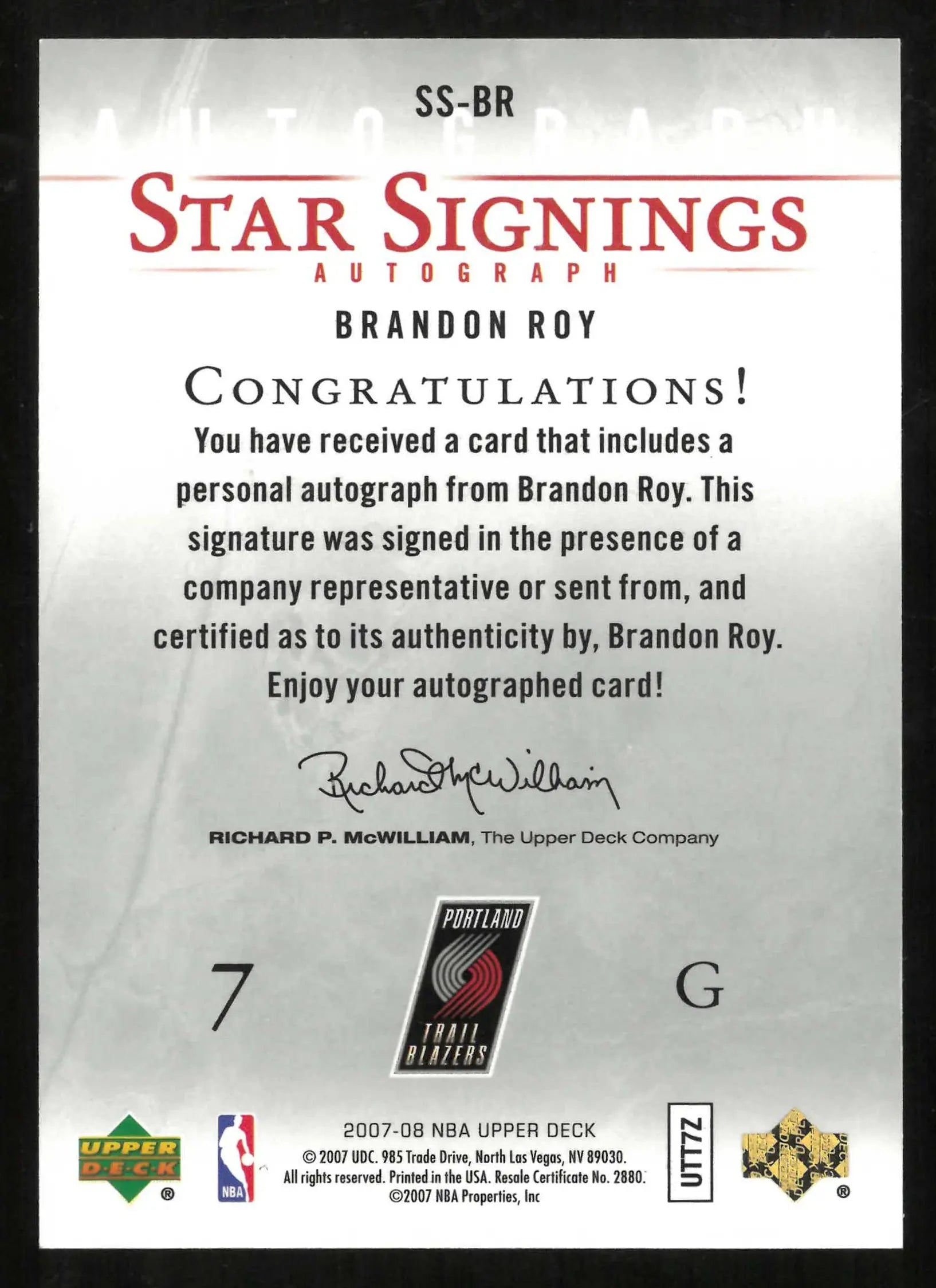 2007-08 NBA Upper Deck Star Signings Autograph Brandon Roy Auto 