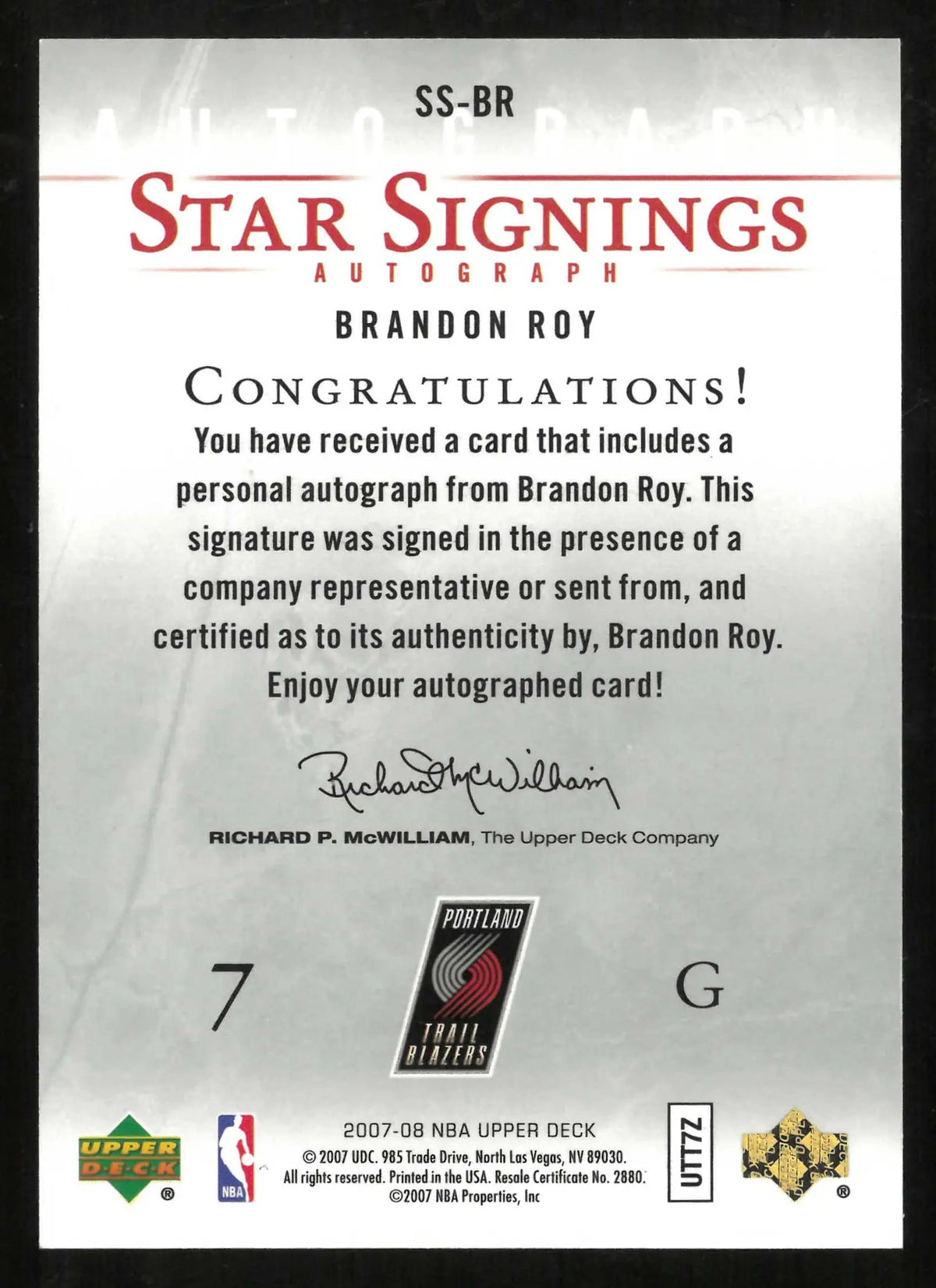 2007-08 NBA Upper Deck Star Signings Autograph Brandon Roy Auto 