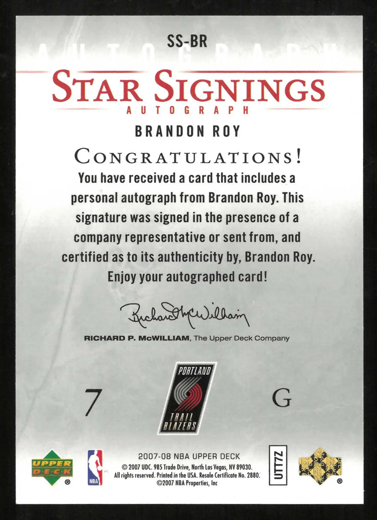 2007-08 NBA Upper Deck Star Signings Autograph Brandon Roy Auto 
