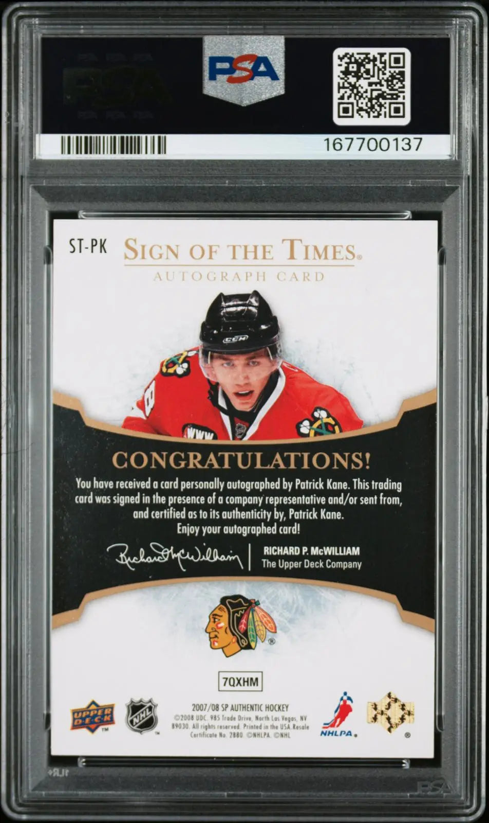2007-08 UD SP Authentic Sign Of The Times Rookie Autograph Patrick Kane RC PSA 9 