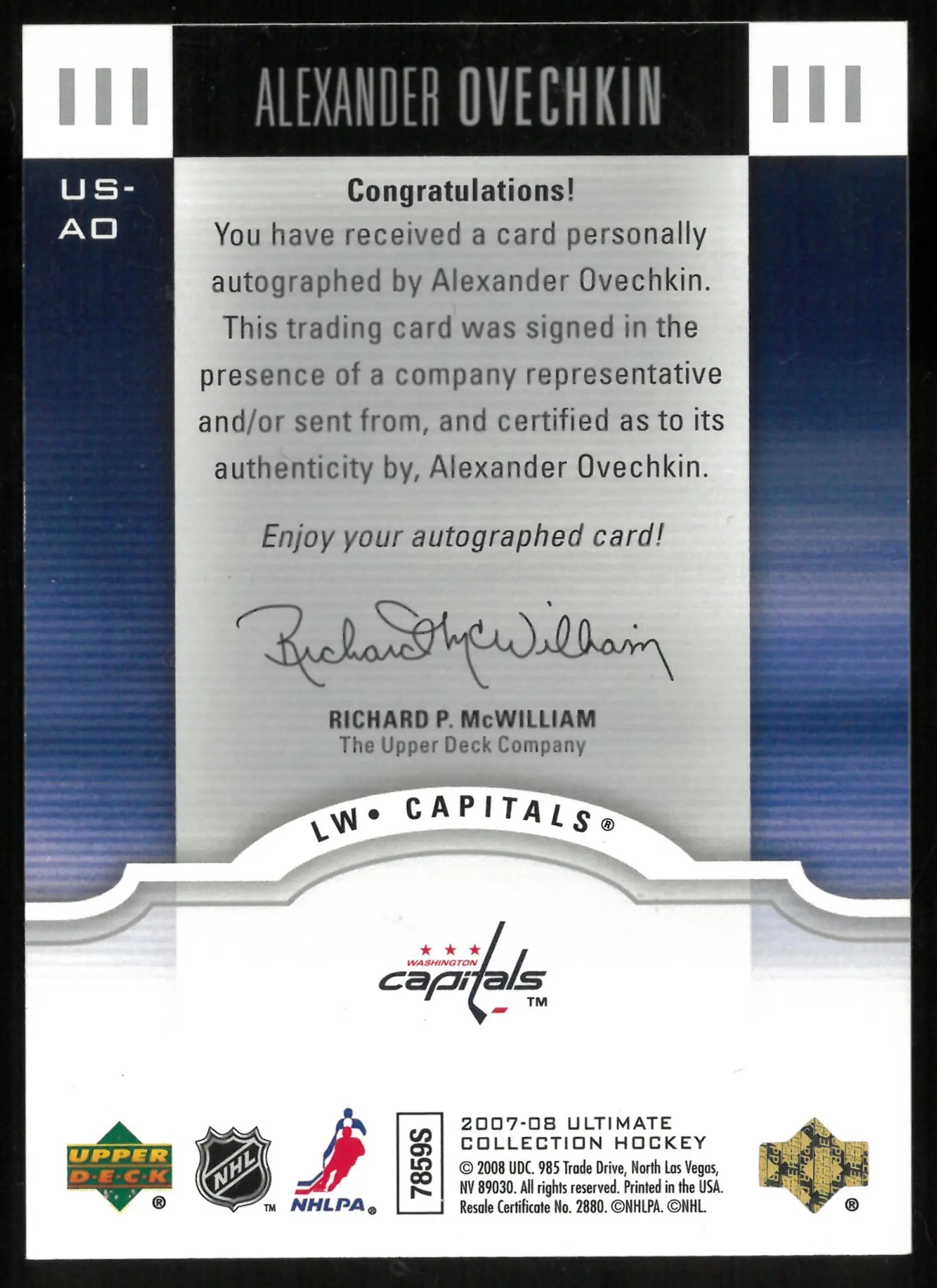 2007-08 UD Ultimate Col. Hockey Alexander Ovechkin Auto Autograph 