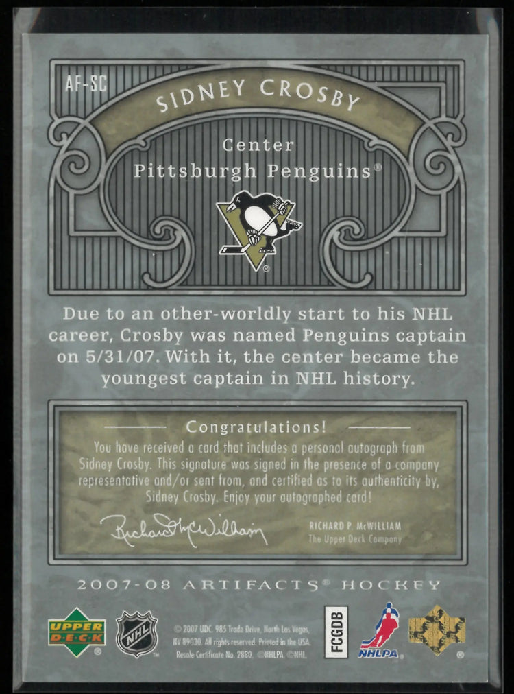 2007-08 Upper Deck Artifacts Auto-Facts Sidney Crosby Auto 