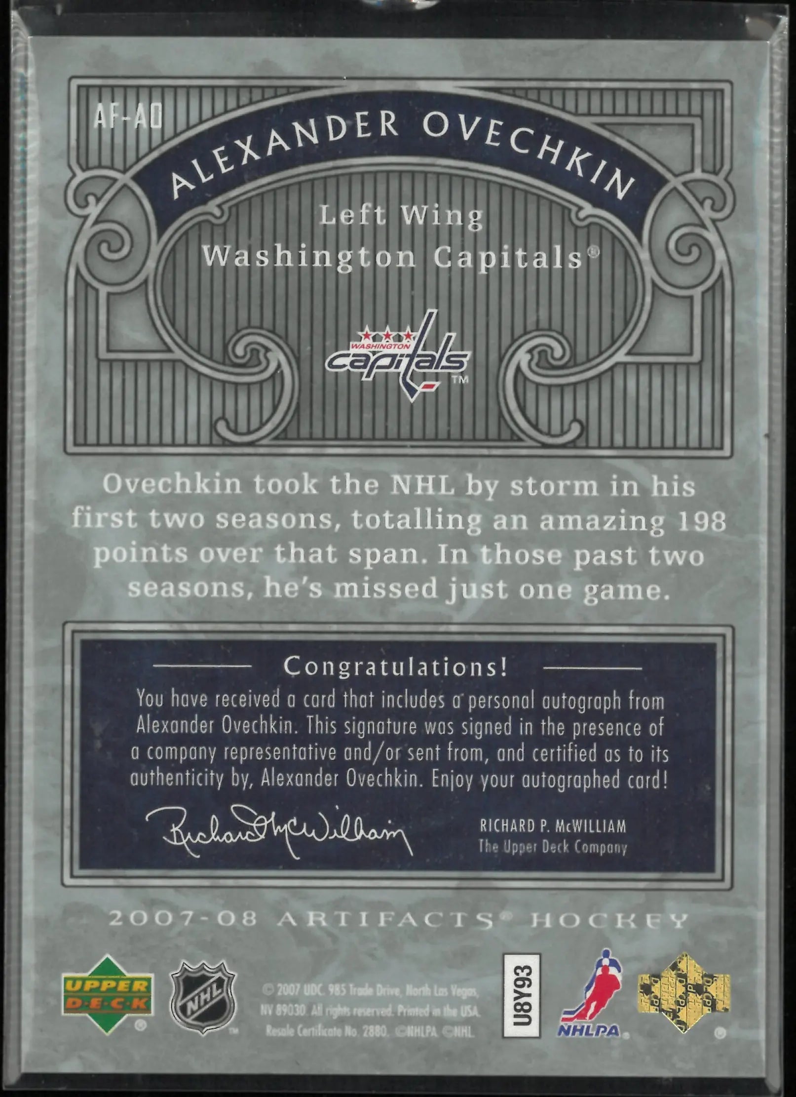 2007-08 Upper Deck Artifacts Autofacts Alexander Ovechkin Auto 