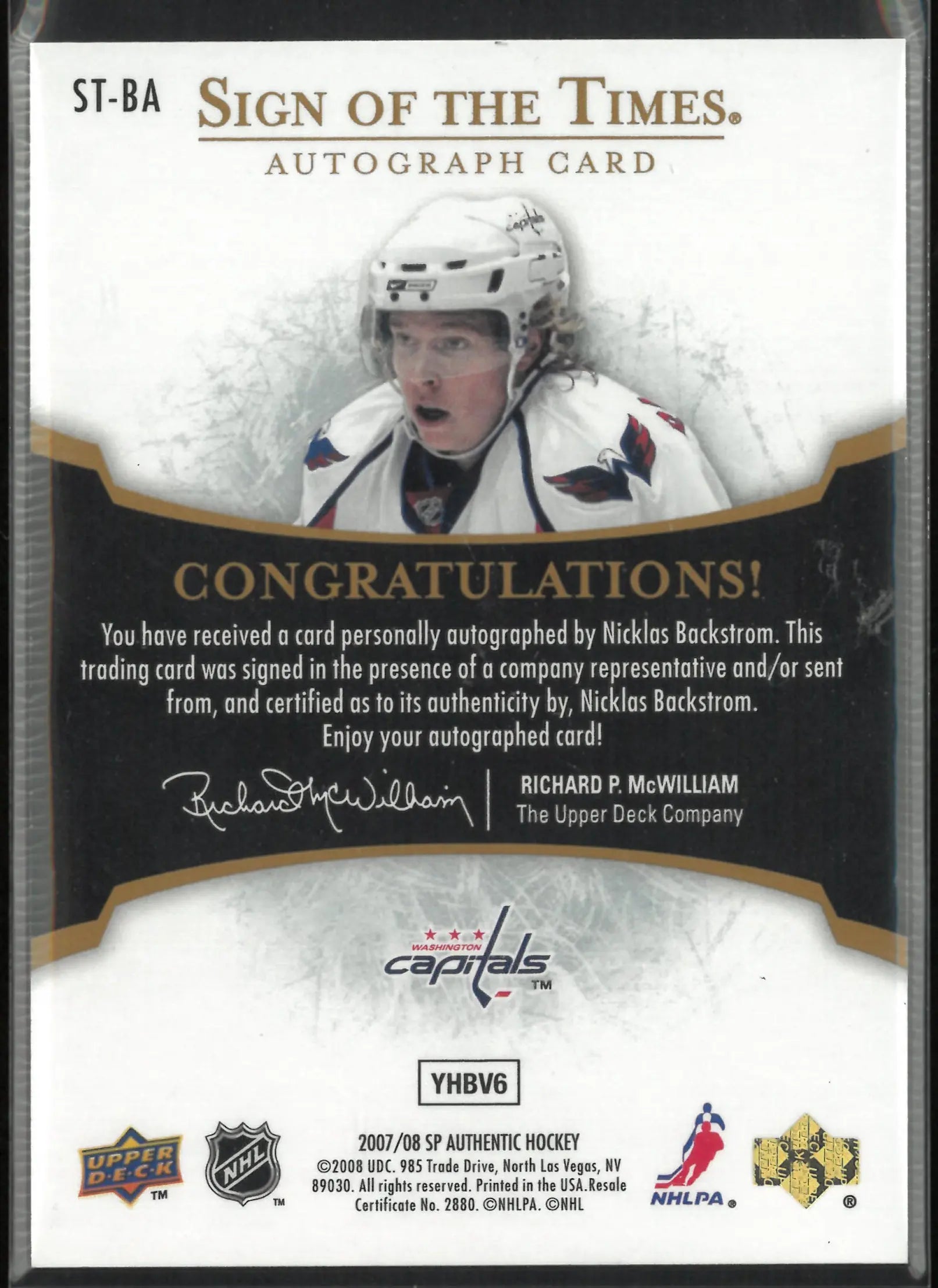 2007-08 Upper Deck SP Authentic Sign Of The Times Autograph Nicklas Backstrom 