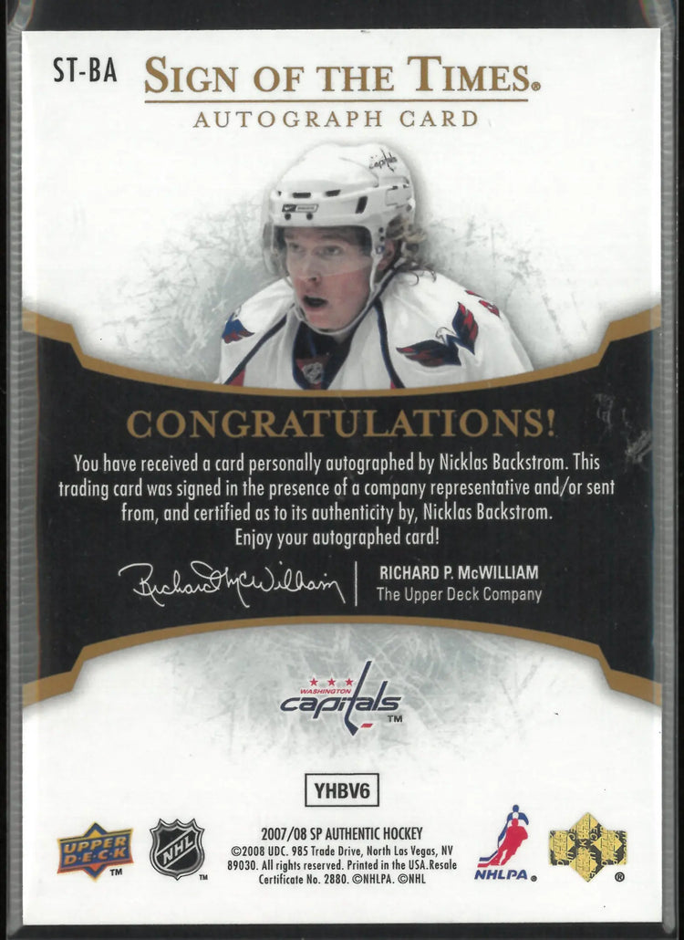2007-08 Upper Deck SP Authentic Sign Of The Times Autograph Nicklas Backstrom 
