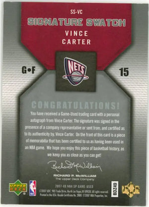 2007-08 Upper Deck SP Game Used Patch Autograph Vince Carter Auto /30 