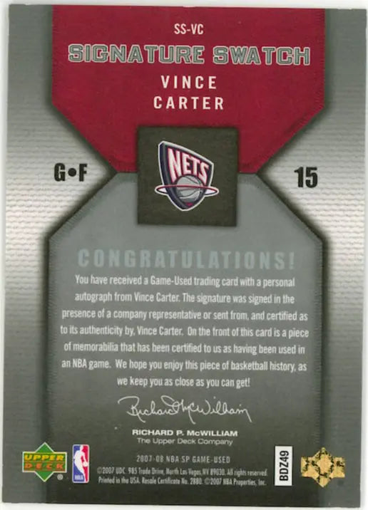 2007-08 Upper Deck SP Game Used Patch Autograph Vince Carter Auto /30 