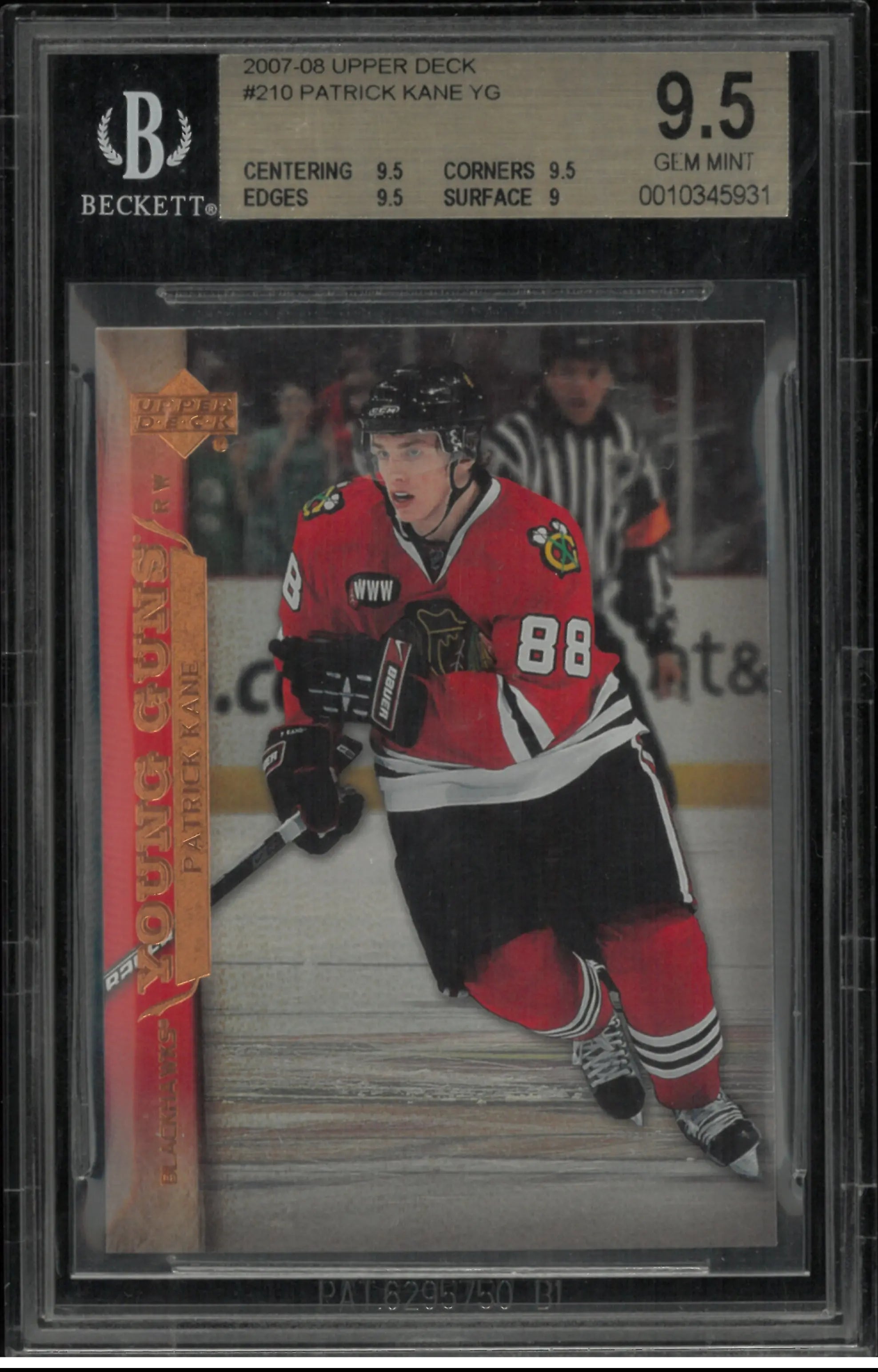 2007/08 Upper Deck Series 1 Young Guns Rookie Patrick Kane RC BGS 9.5 