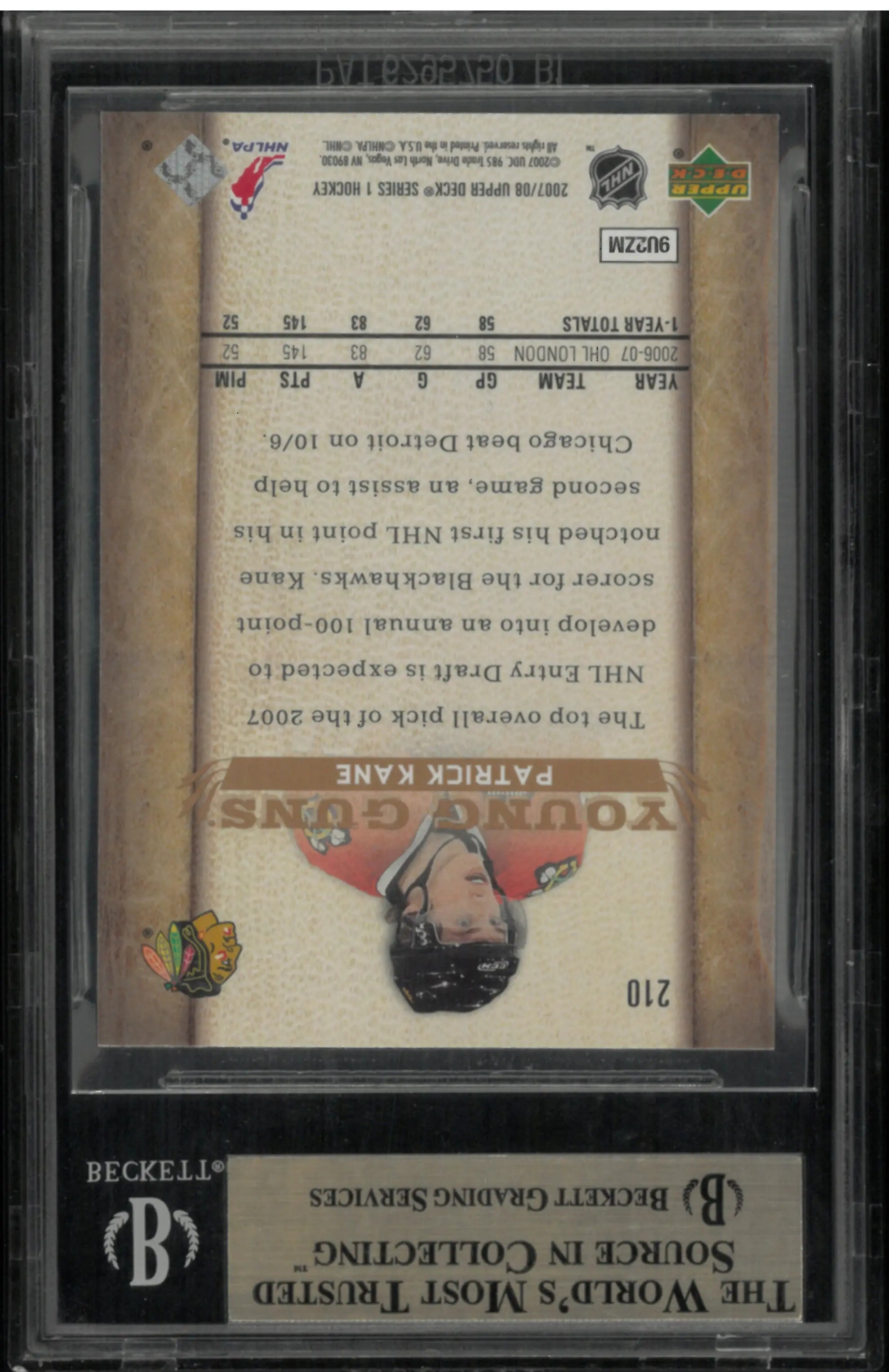 2007/08 Upper Deck Series 1 Young Guns Rookie Patrick Kane RC BGS 9.5 