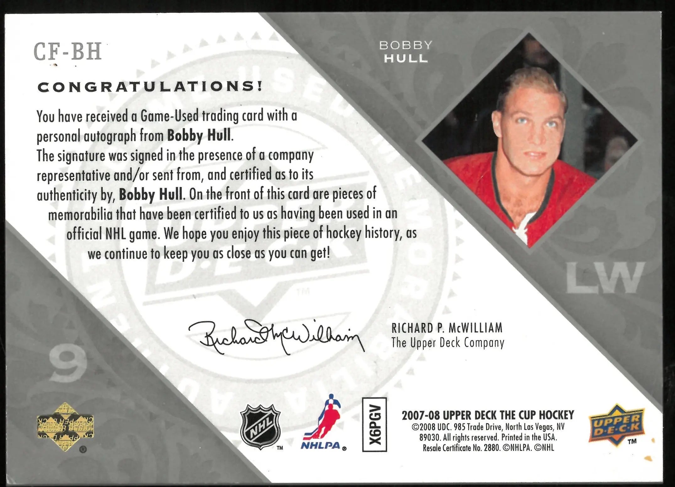 2007-08 Upper Deck The Cup Bobby Hull Quad Patch Auto /10 