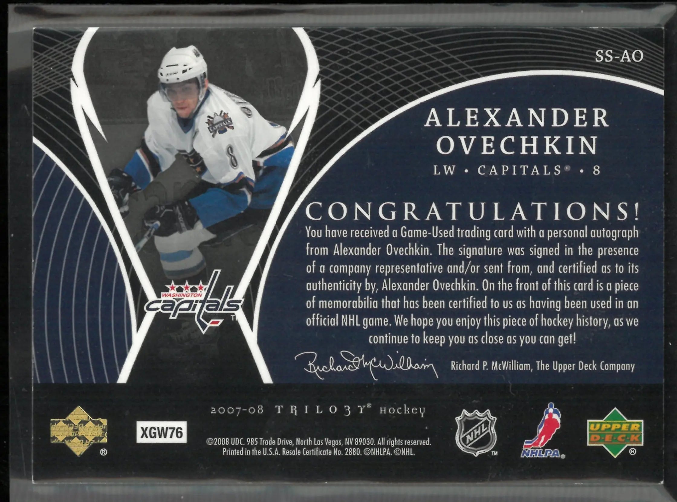 2007-08 Upper Deck Trilogy Honorary Scripted Swatches Alexander Ovechkin Patch Auto /50 
