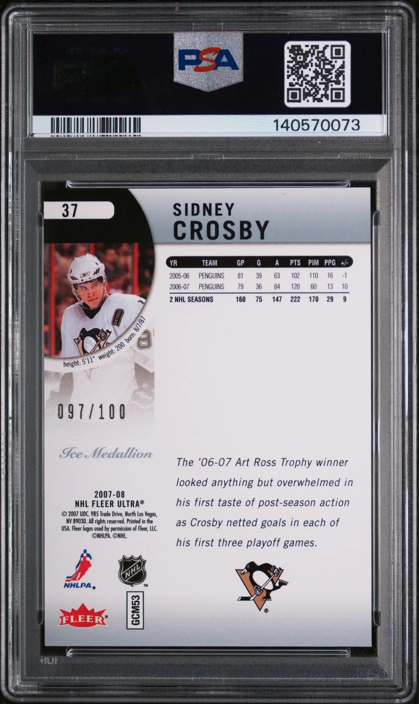 2007 FleerUltra Sidney Crosby Ice Medallion /100 PSA 8 
