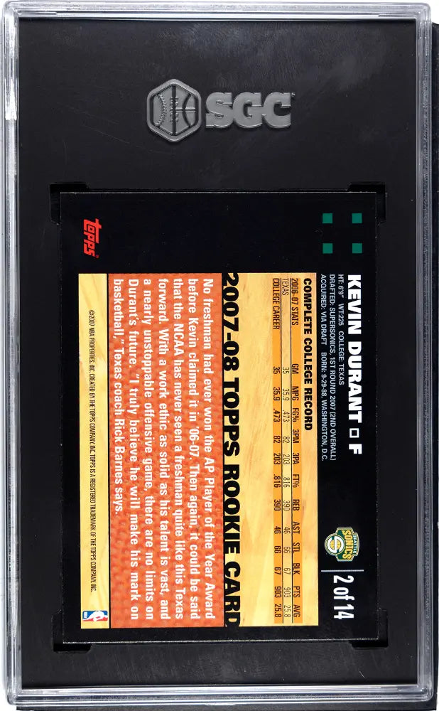 2007 Topps Kevin Durant Rookie Set RC SGC 8.5 