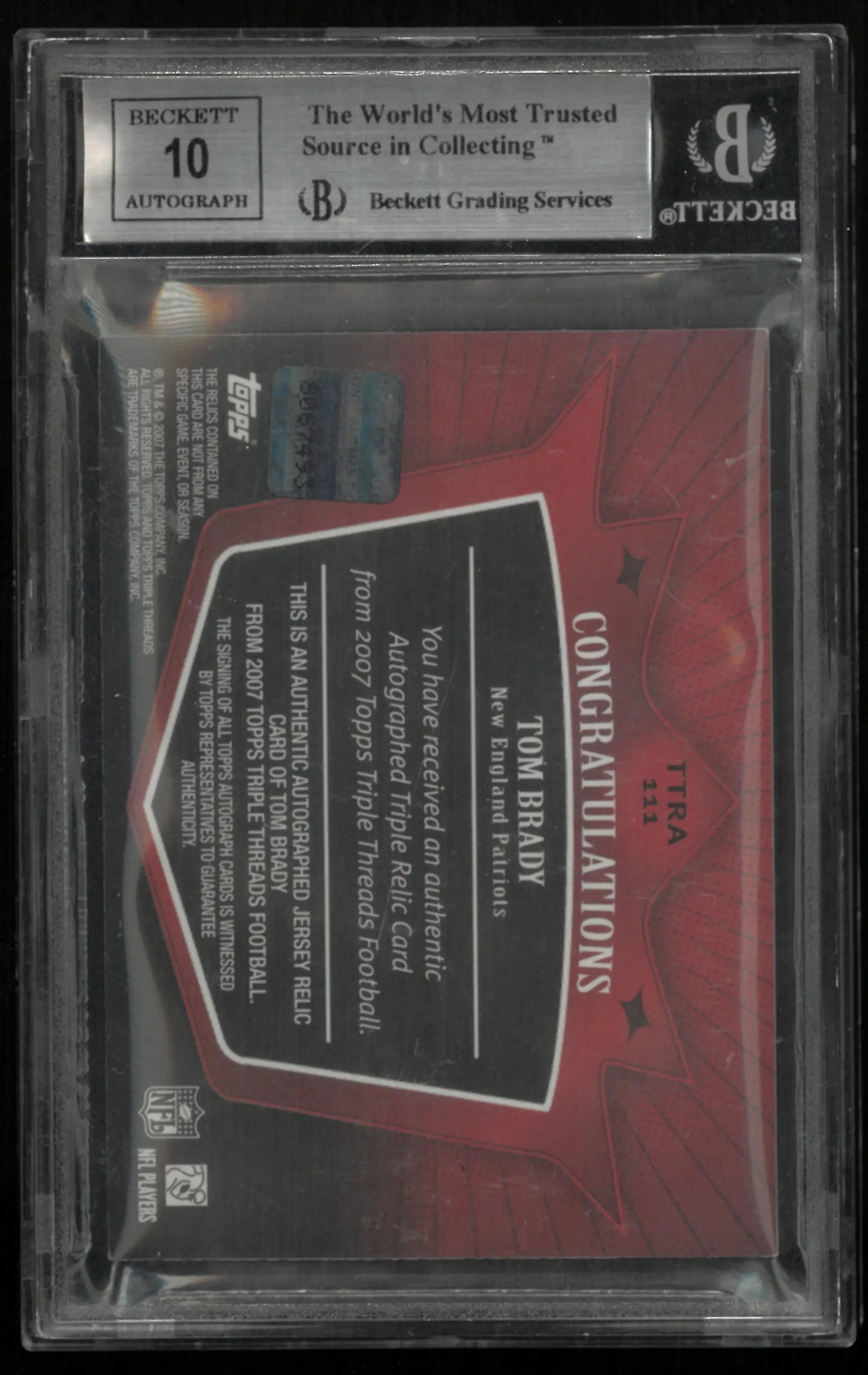 2007 Topps Triple Threads Football Auto Relic Red Tom Brady BGS 9 Auto 10 /18 