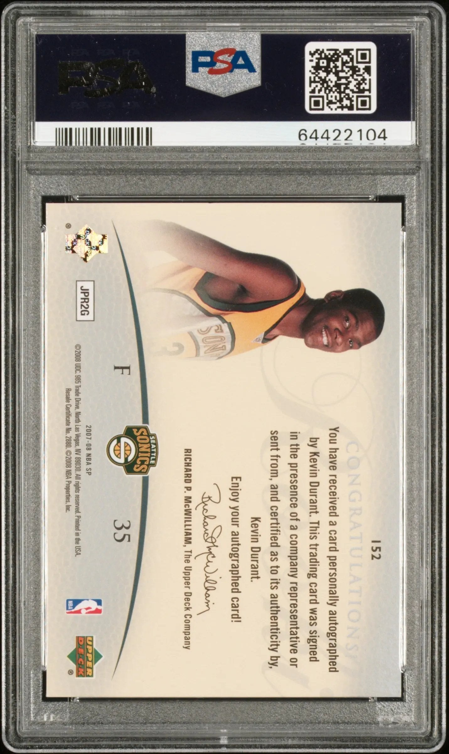 2007 UD SP Authentic Kevin Durant RC Rookie Auto PSA Authentic Auto 9 /399 