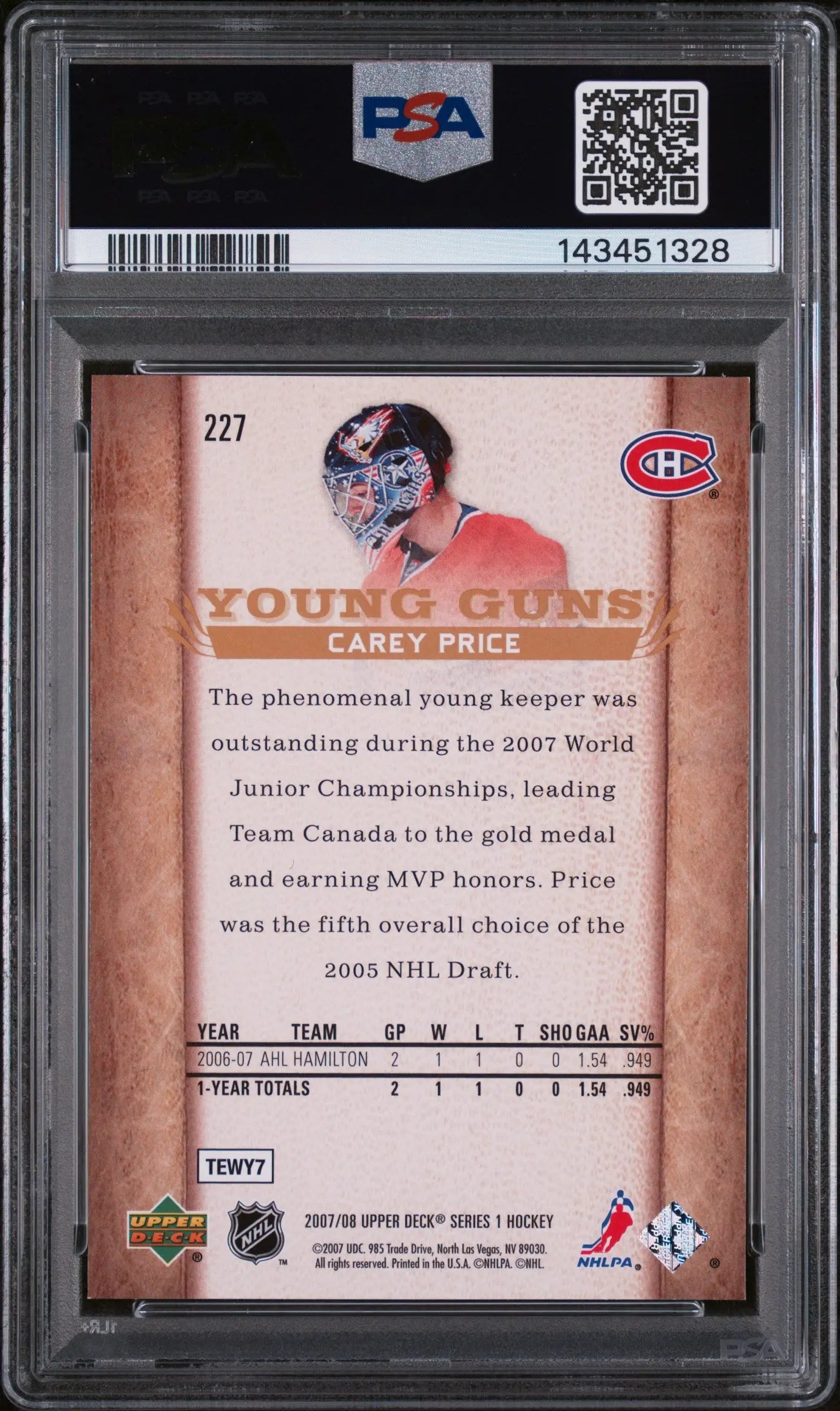 2007 Upper Deck Series 1 Young Guns Rookie Carey Price RC PSA 9 