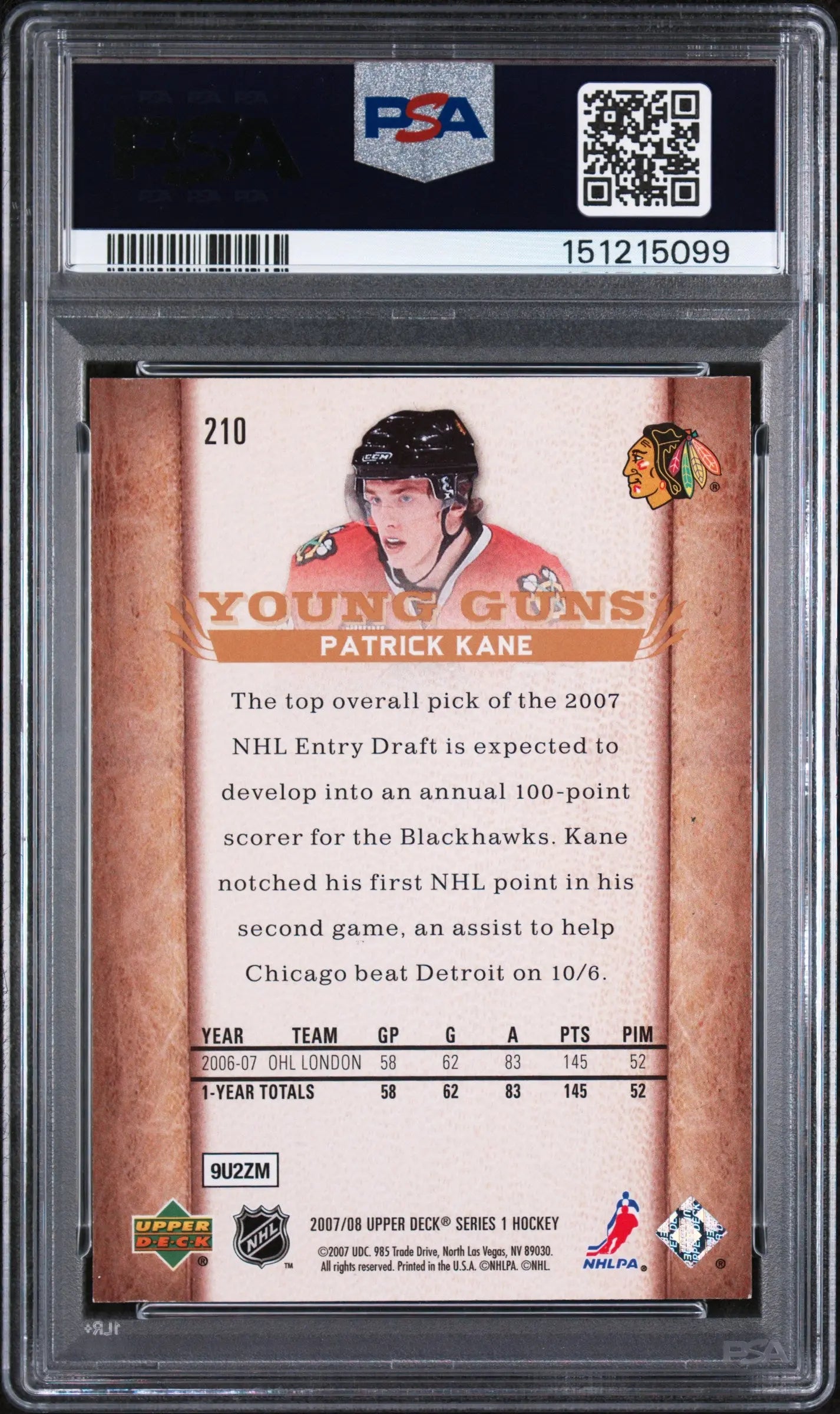2007 Upper Deck Series 1 Young Guns Rookie Patrick Kane RC PSA 8 