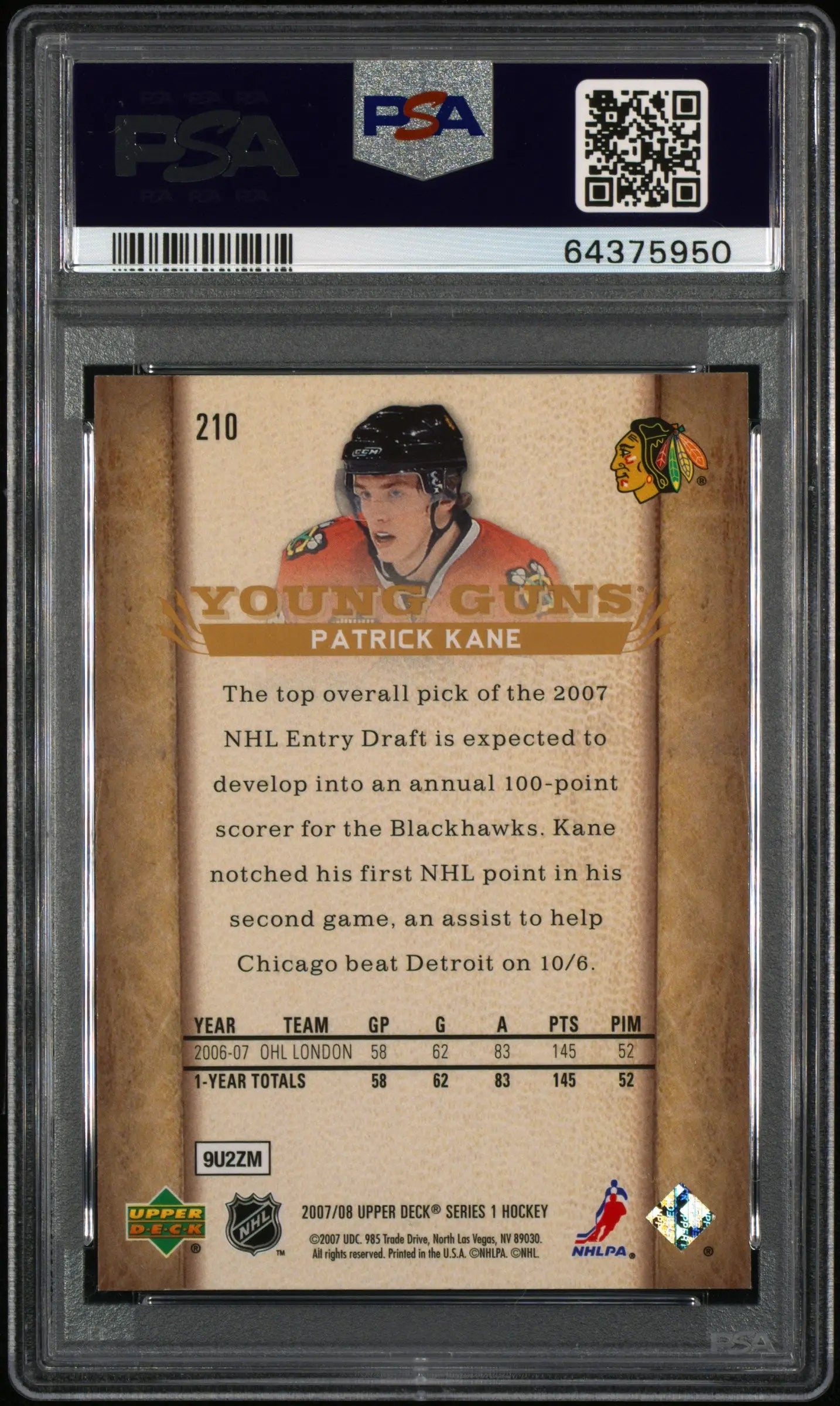 2007 Upper Deck Series 1 Young Guns Rookie Patrick Kane RC PSA 9 