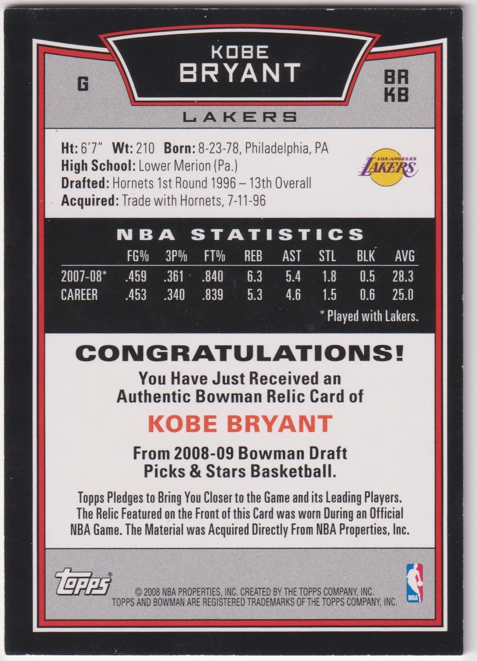 2008-09 Bowman Draft Picks & Stars Game Used Patch Kobe Bryant 