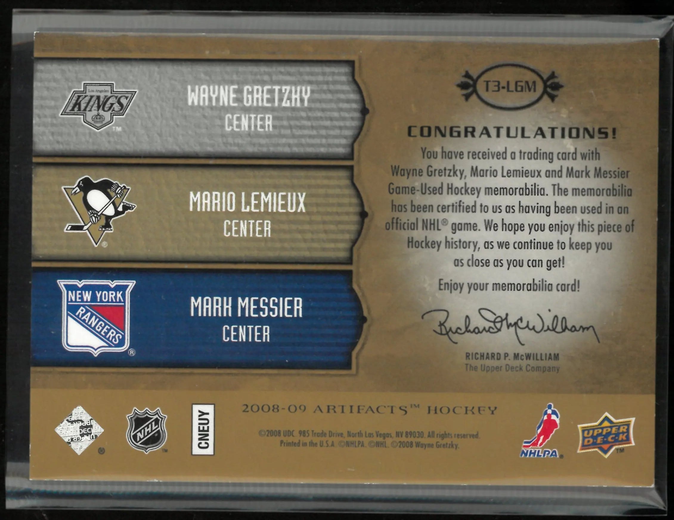 2008-09 Upper Deck Artifacts Tundra Trios Wayne Gretzky/Mario Lemieux/Mark Messier Jersey Patch /75 