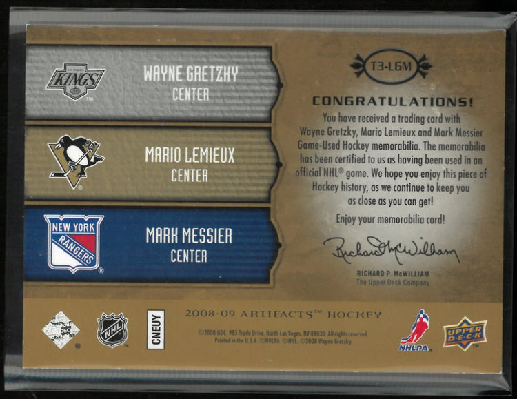 2008-09 Upper Deck Artifacts Tundra Trios Wayne Gretzky/Mario Lemieux/Mark Messier Jersey Patch /75 