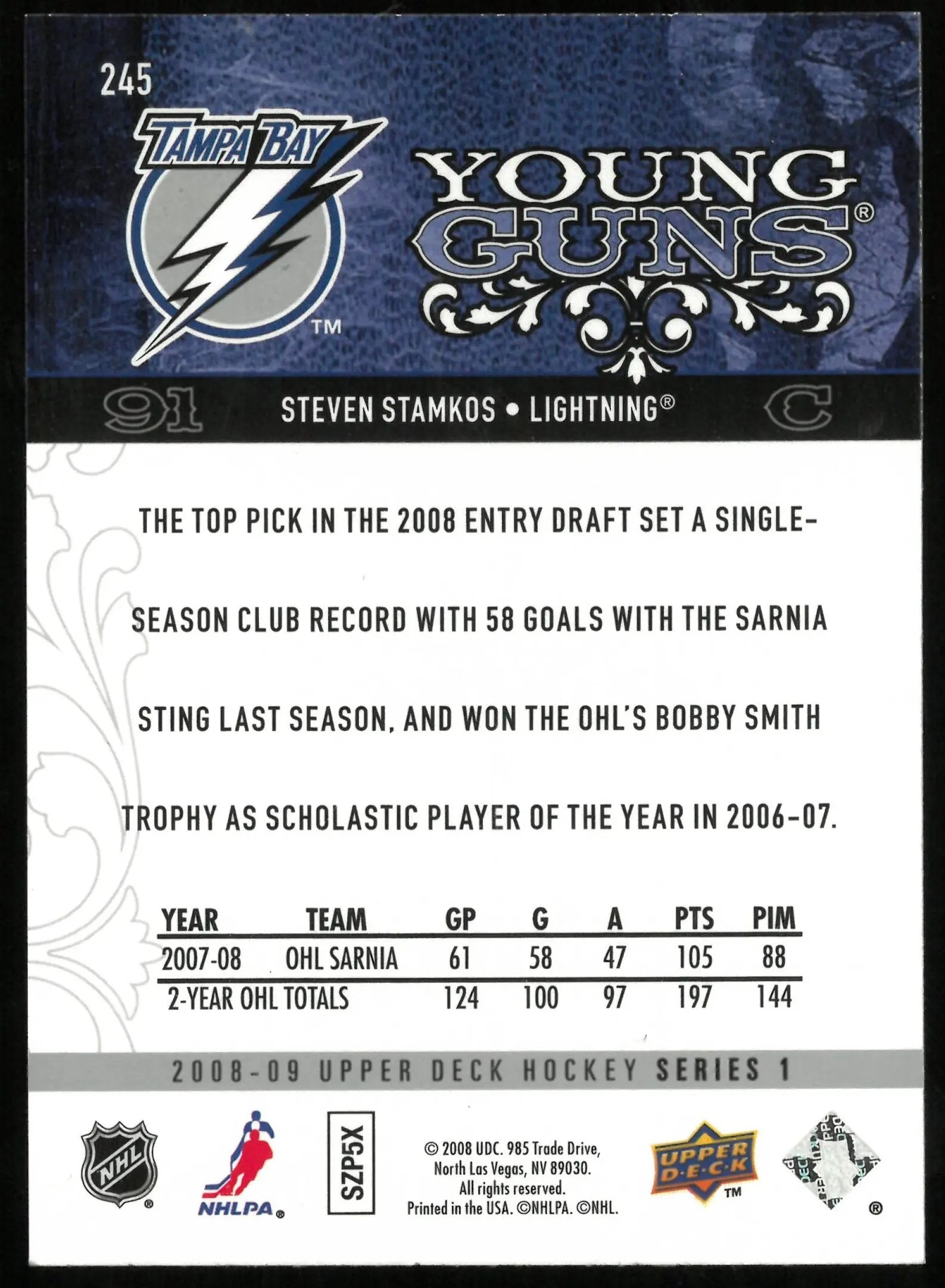 2008-09 Upper Deck Hockey Series 1 Steven Stamkos Young Guns RC 