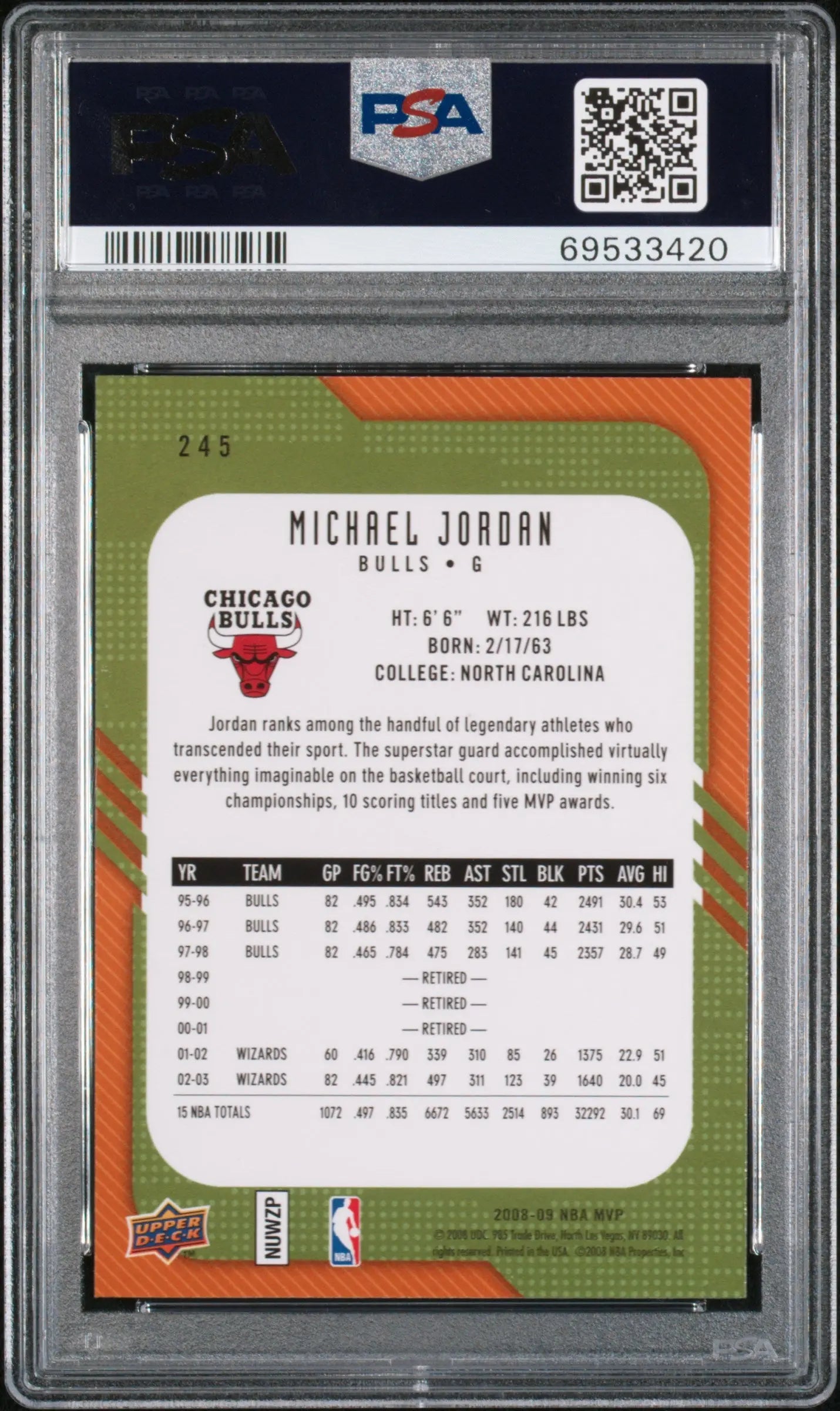 2008-09 Upper Deck MVP Legends Michael Jordan PSA 10 